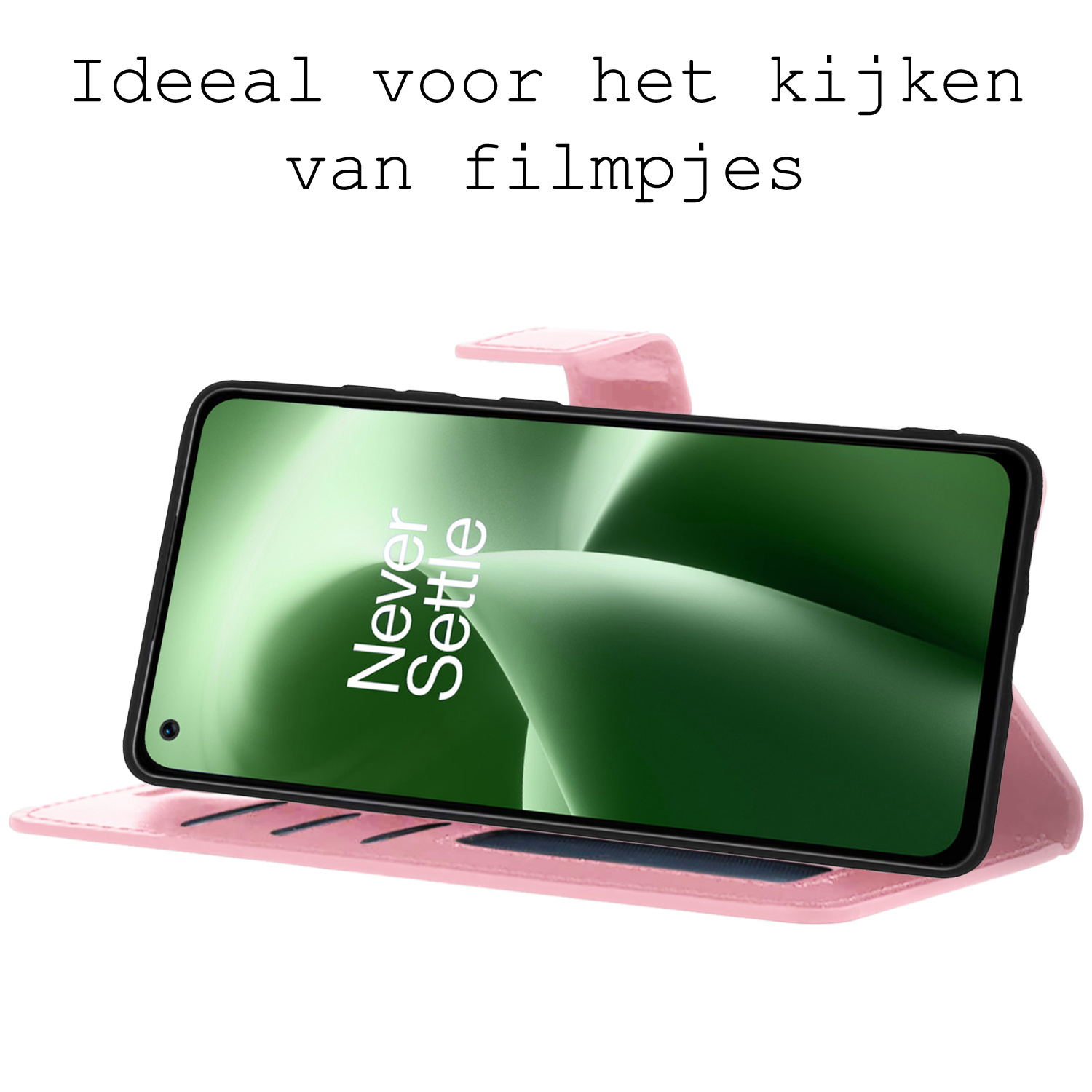 BASEY. Hoes Geschikt voor OnePlus Nord 2T Hoesje Bookcase Hoes Flip Case Book Cover Met 2x Screenprotector - Hoesje Geschikt voor OnePlus Nord 2T Hoes Book Case Hoesje - Lichtroze