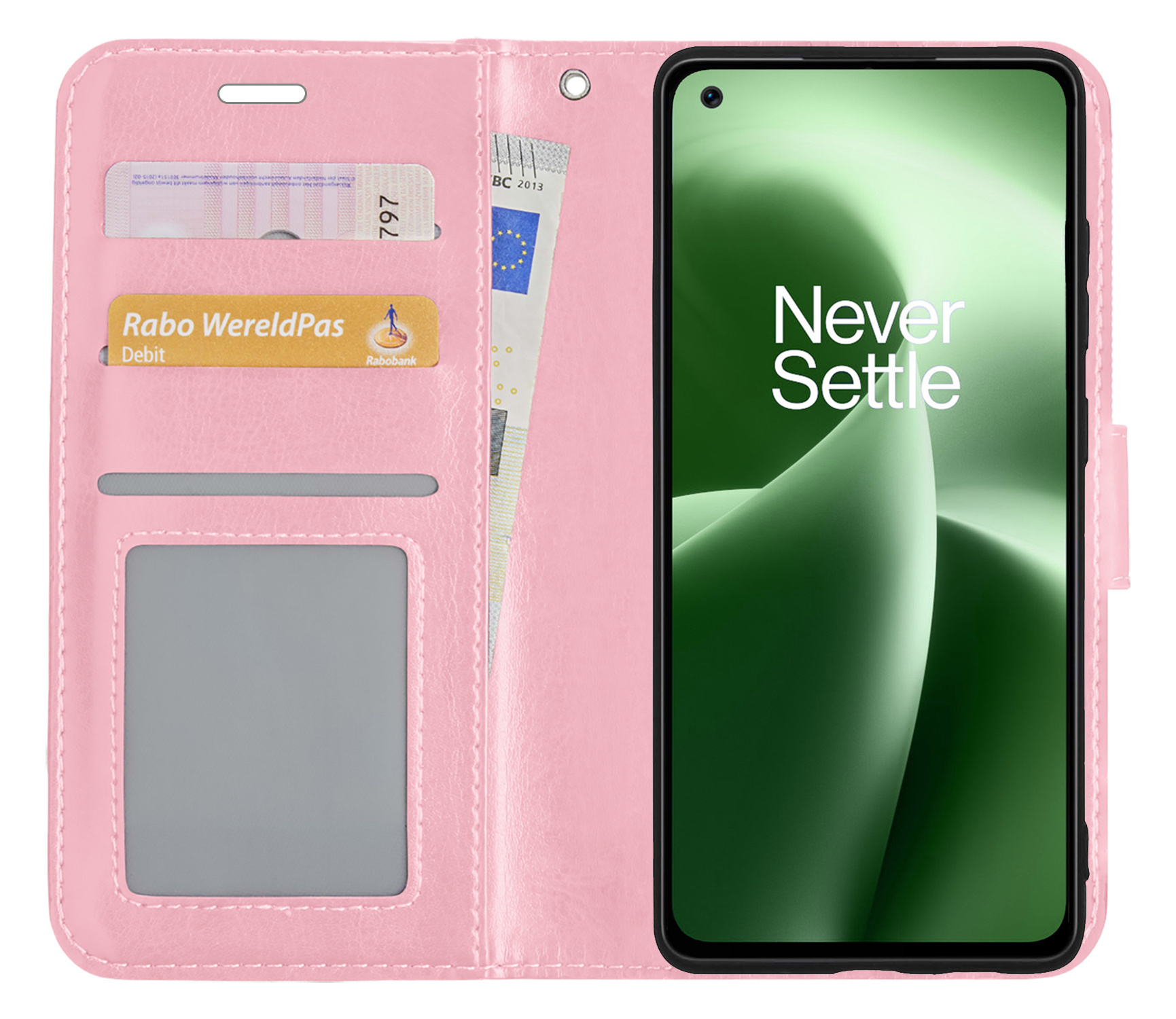 BASEY. Hoes Geschikt voor OnePlus Nord 2T Hoesje Bookcase Hoes Flip Case Book Cover Met 2x Screenprotector - Hoesje Geschikt voor OnePlus Nord 2T Hoes Book Case Hoesje - Lichtroze
