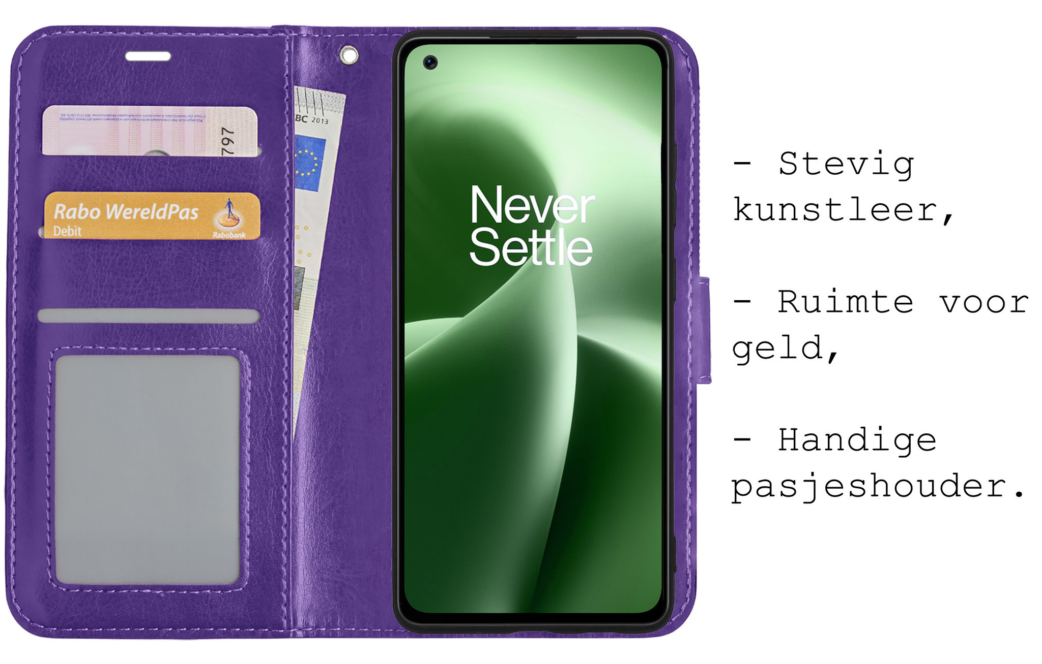 BASEY. Hoes Geschikt voor OnePlus Nord 2T Hoesje Bookcase Hoes Flip Case Book Cover Met 2x Screenprotector - Hoesje Geschikt voor OnePlus Nord 2T Hoes Book Case Hoesje - Paars