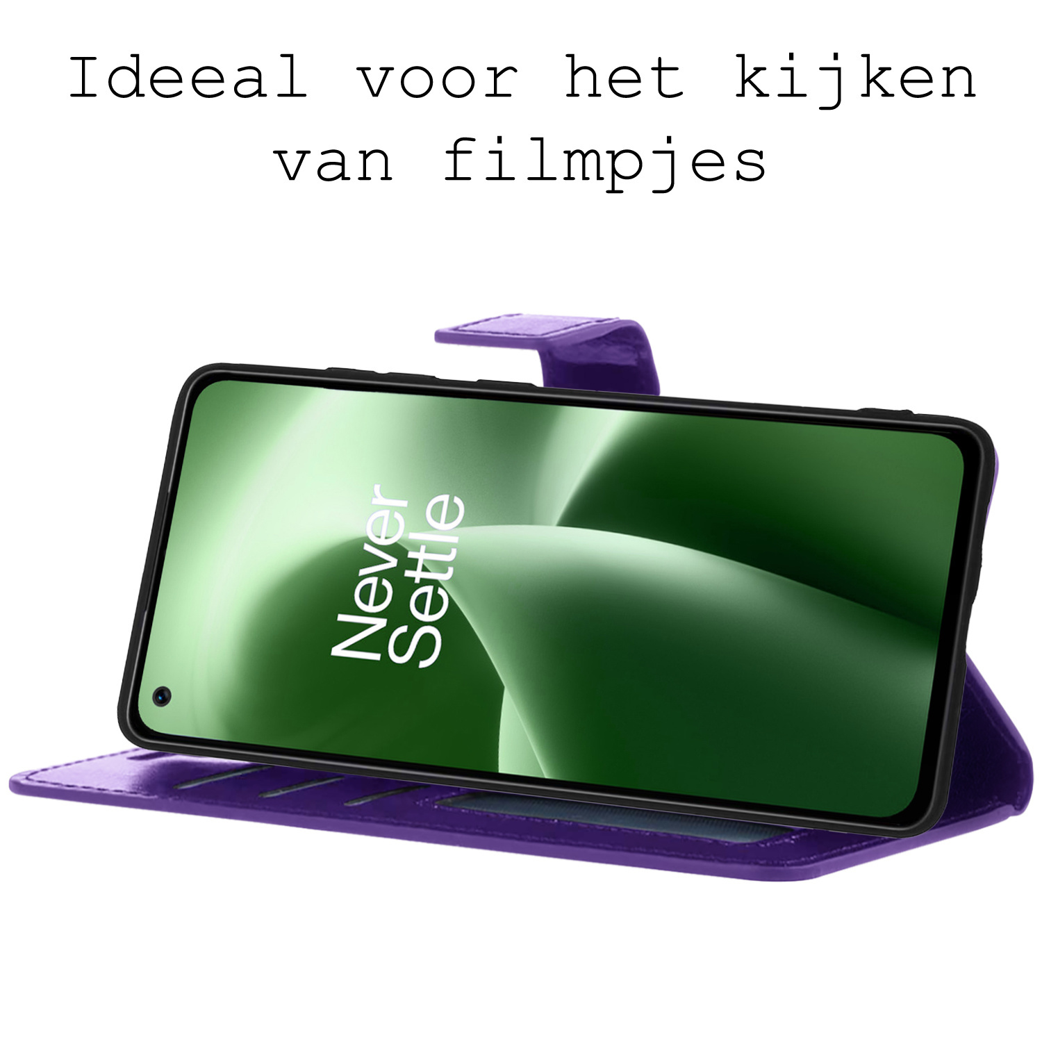 BASEY. Hoes Geschikt voor OnePlus Nord 2T Hoesje Bookcase Hoes Flip Case Book Cover Met 2x Screenprotector - Hoesje Geschikt voor OnePlus Nord 2T Hoes Book Case Hoesje - Paars