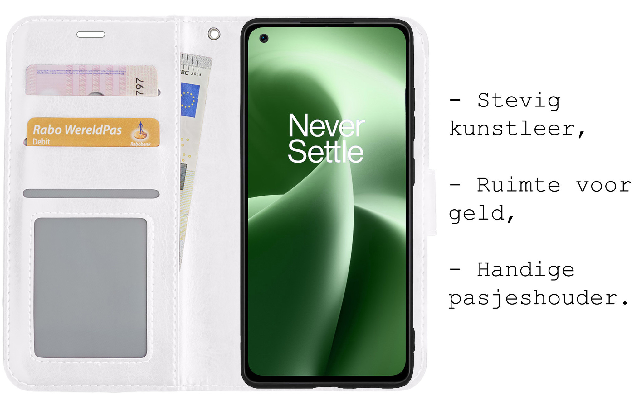 BASEY. Hoes Geschikt voor OnePlus Nord 2T Hoesje Bookcase Hoes Flip Case Book Cover Met 2x Screenprotector - Hoesje Geschikt voor OnePlus Nord 2T Hoes Book Case Hoesje - Wit