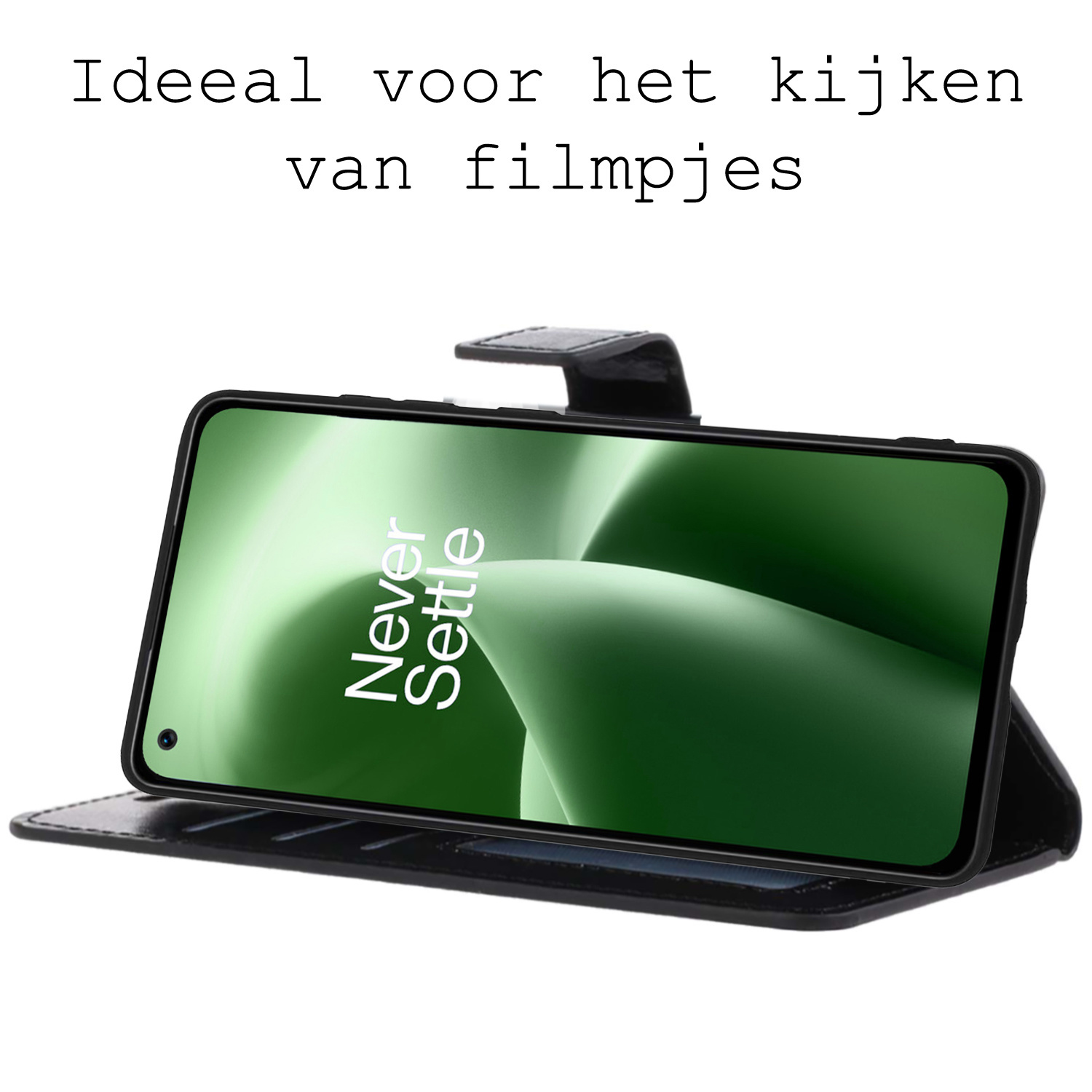 BASEY. Hoes Geschikt voor OnePlus Nord 2T Hoesje Bookcase Hoes Flip Case Book Cover Met 2x Screenprotector - Hoesje Geschikt voor OnePlus Nord 2T Hoes Book Case Hoesje - Zwart