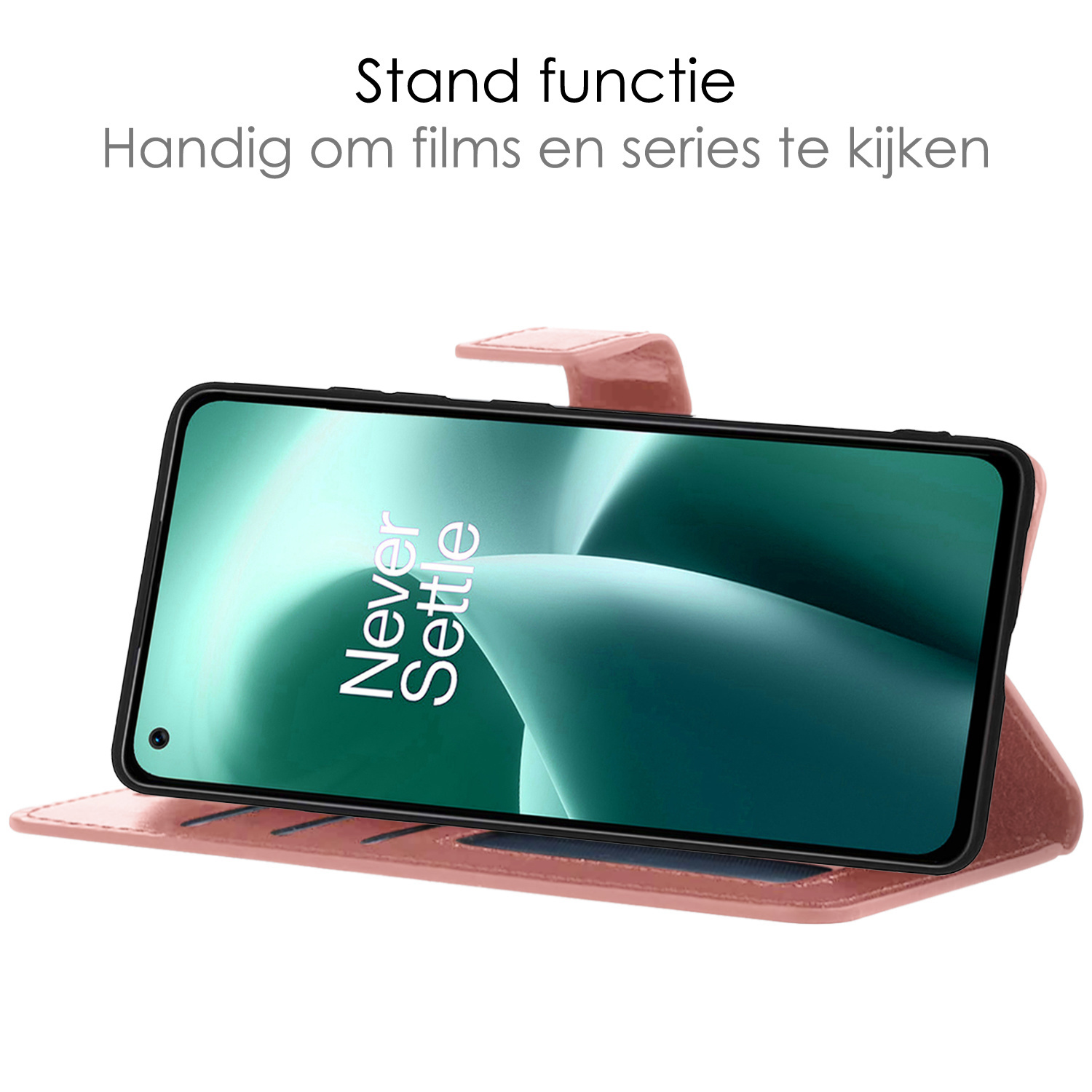NoXx Hoes Geschikt voor OnePlus Nord 2T Hoesje Book Case Hoes Flip Cover Wallet Bookcase Met Screenprotector - Rosé goud