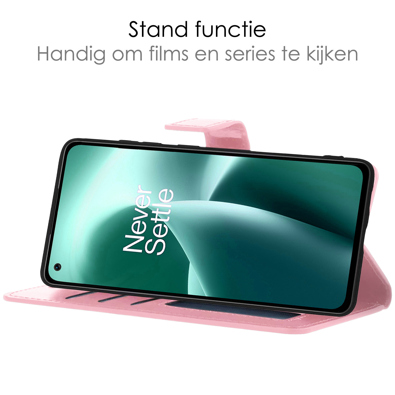 NoXx Hoes Geschikt voor OnePlus Nord 2T Hoesje Book Case Hoes Flip Cover Wallet Bookcase Met 2x Screenprotector - Lichtroze