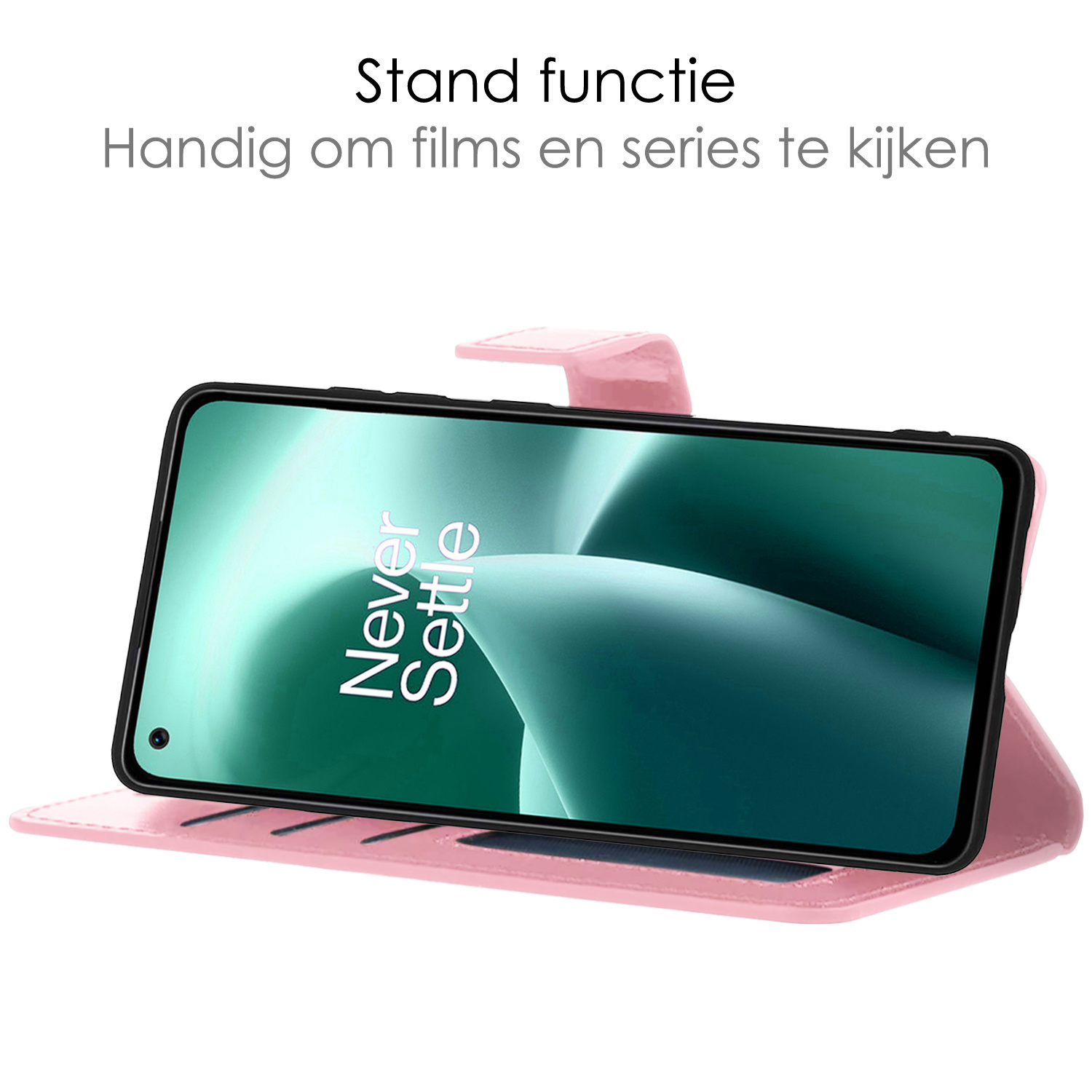 OnePlus Nord 2T Hoesje Book Case Hoes Flip Cover Bookcase 2x Met Screenprotector - Licht Roze