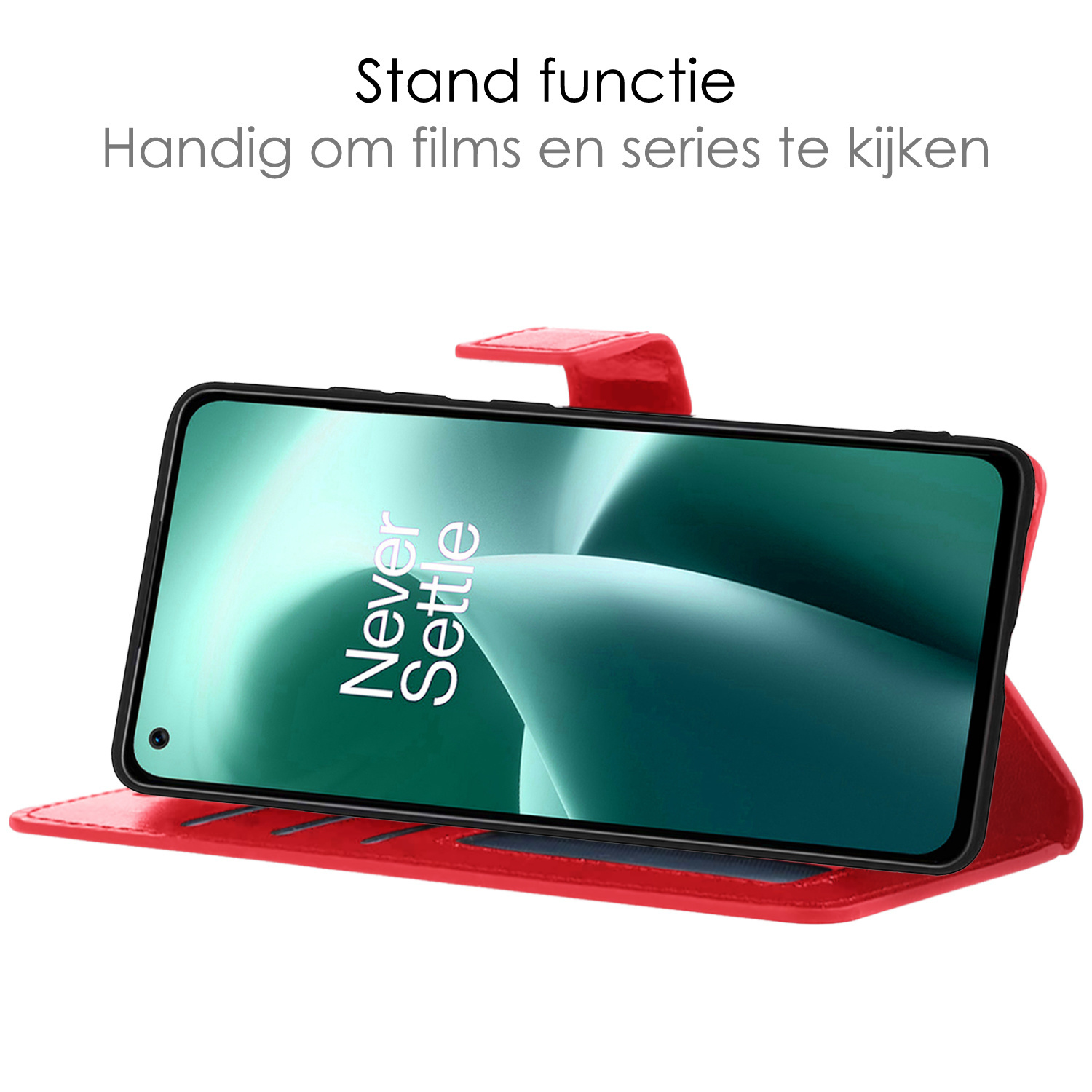 OnePlus Nord 2T Hoesje Book Case Hoes Flip Cover Bookcase 2x Met Screenprotector - Rood