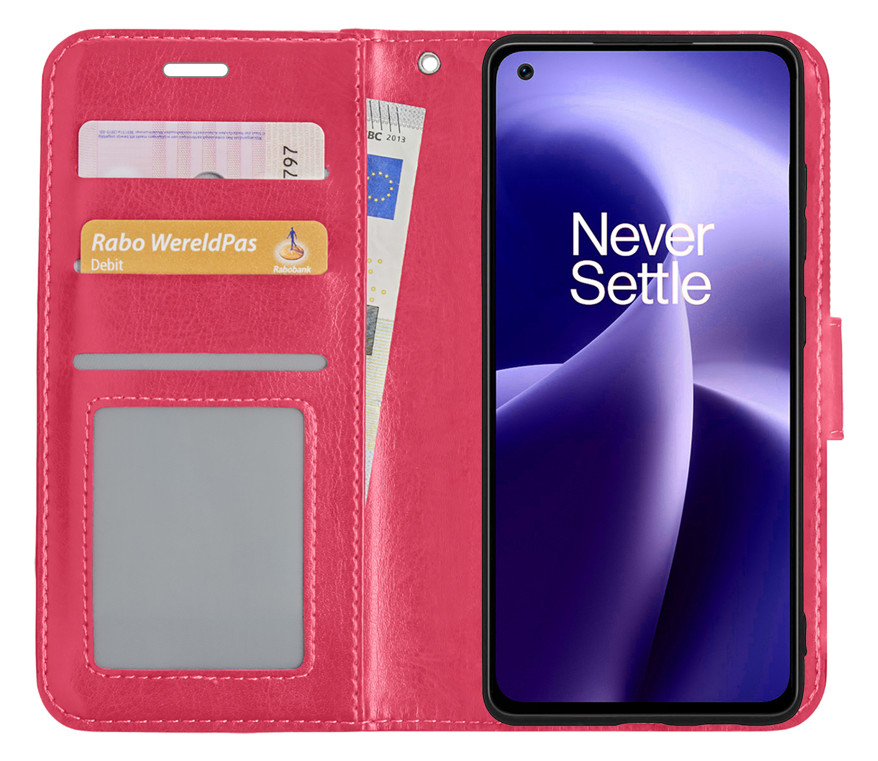 Nomfy Hoesje Geschikt voor OnePlus Nord 2T Hoes Bookcase Flipcase Book Cover Met 2x Screenprotector - Hoes Geschikt voor OnePlus Nord 2T Hoesje Book Case - Donkerroze