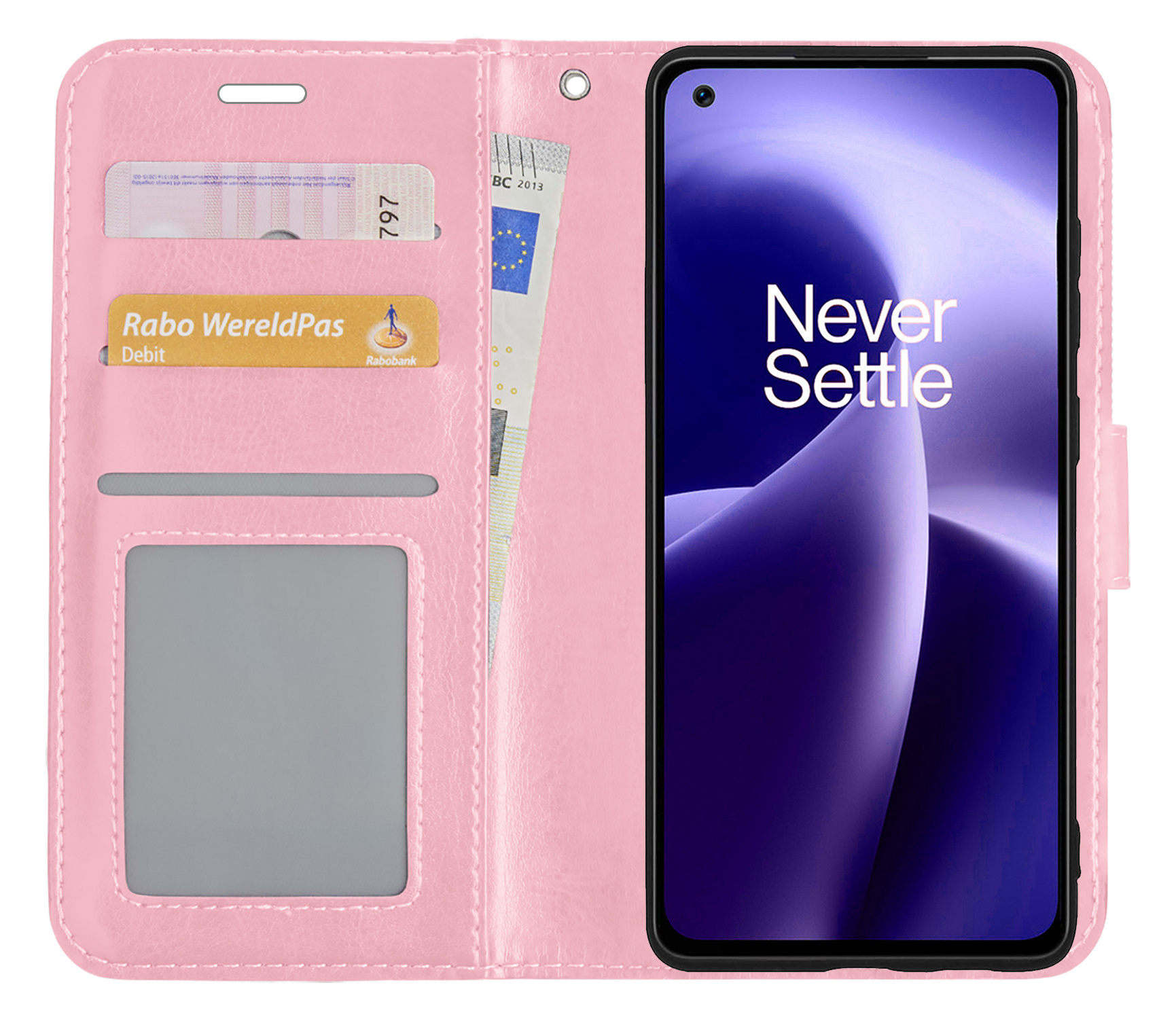 Nomfy Hoesje Geschikt voor OnePlus Nord 2T Hoes Bookcase Flipcase Book Cover Met 2x Screenprotector - Hoes Geschikt voor OnePlus Nord 2T Hoesje Book Case - Lichtroze