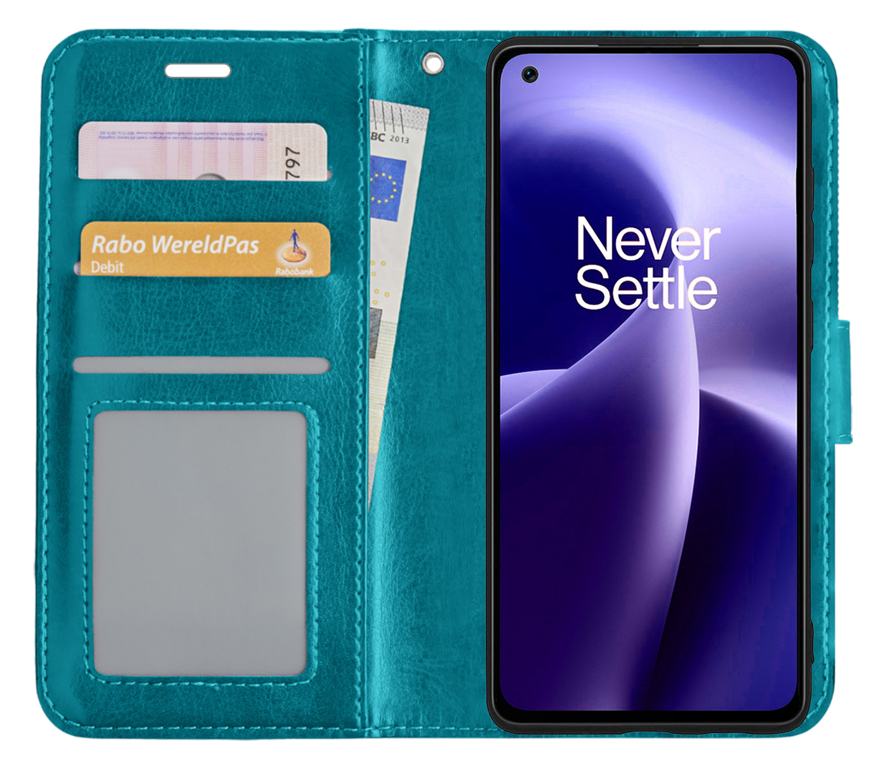 OnePlus Nord 2T Hoes Bookcase Flipcase Book Cover Met 2x Screenprotector - OnePlus Nord 2T Hoesje Book Case - Turquoise