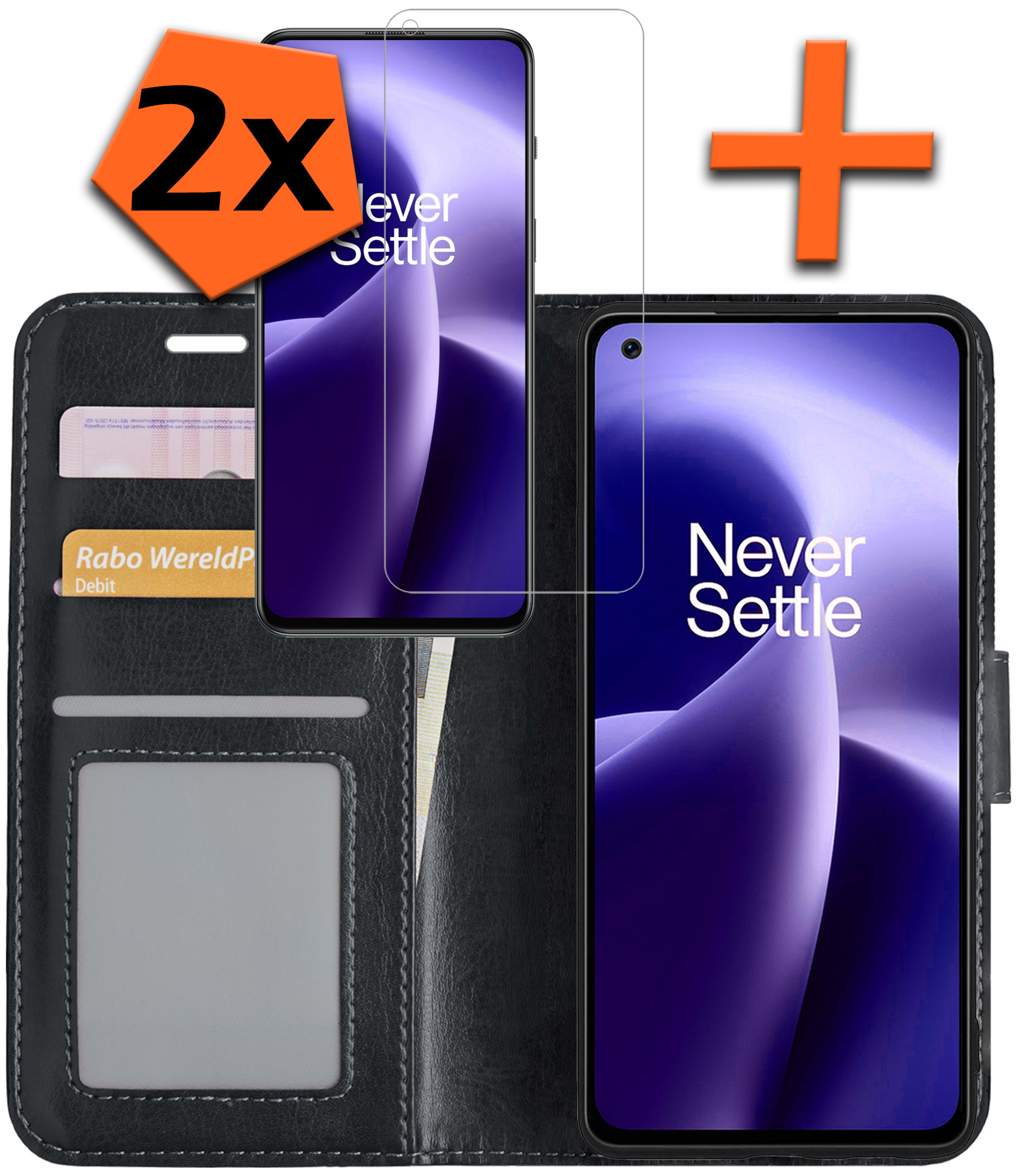 Nomfy Hoesje Geschikt voor OnePlus Nord 2T Hoes Bookcase Flipcase Book Cover Met 2x Screenprotector - Hoes Geschikt voor OnePlus Nord 2T Hoesje Book Case - Zwart