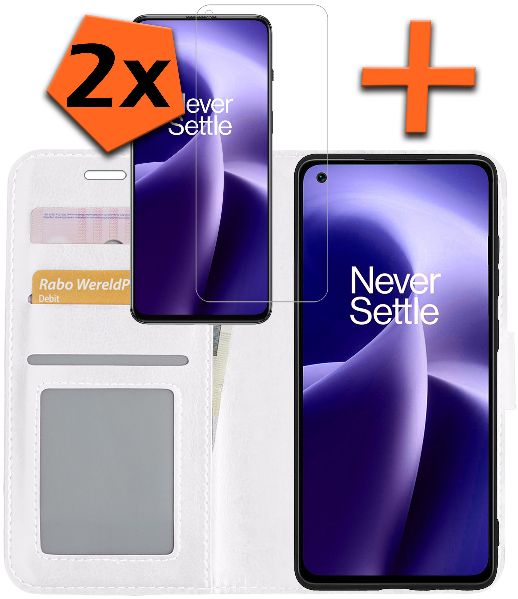 Nomfy Hoesje Geschikt voor OnePlus Nord 2T Hoes Bookcase Flipcase Book Cover Met 2x Screenprotector - Hoes Geschikt voor OnePlus Nord 2T Hoesje Book Case - Wit