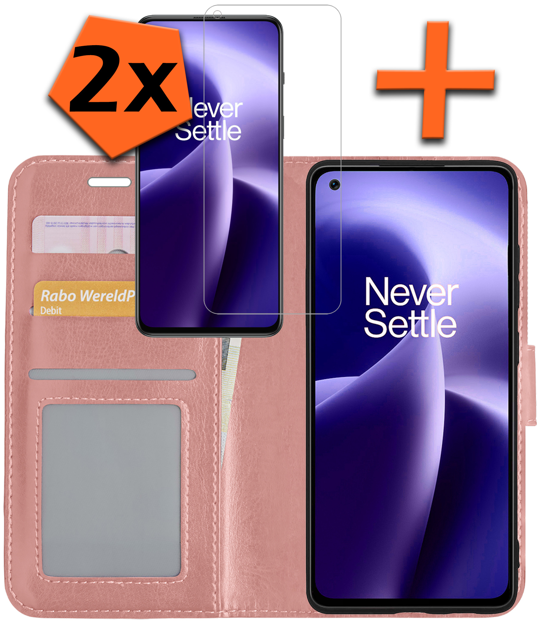 Nomfy Hoesje Geschikt voor OnePlus Nord 2T Hoes Bookcase Flipcase Book Cover Met 2x Screenprotector - Hoes Geschikt voor OnePlus Nord 2T Hoesje Book Case - Rosé goud