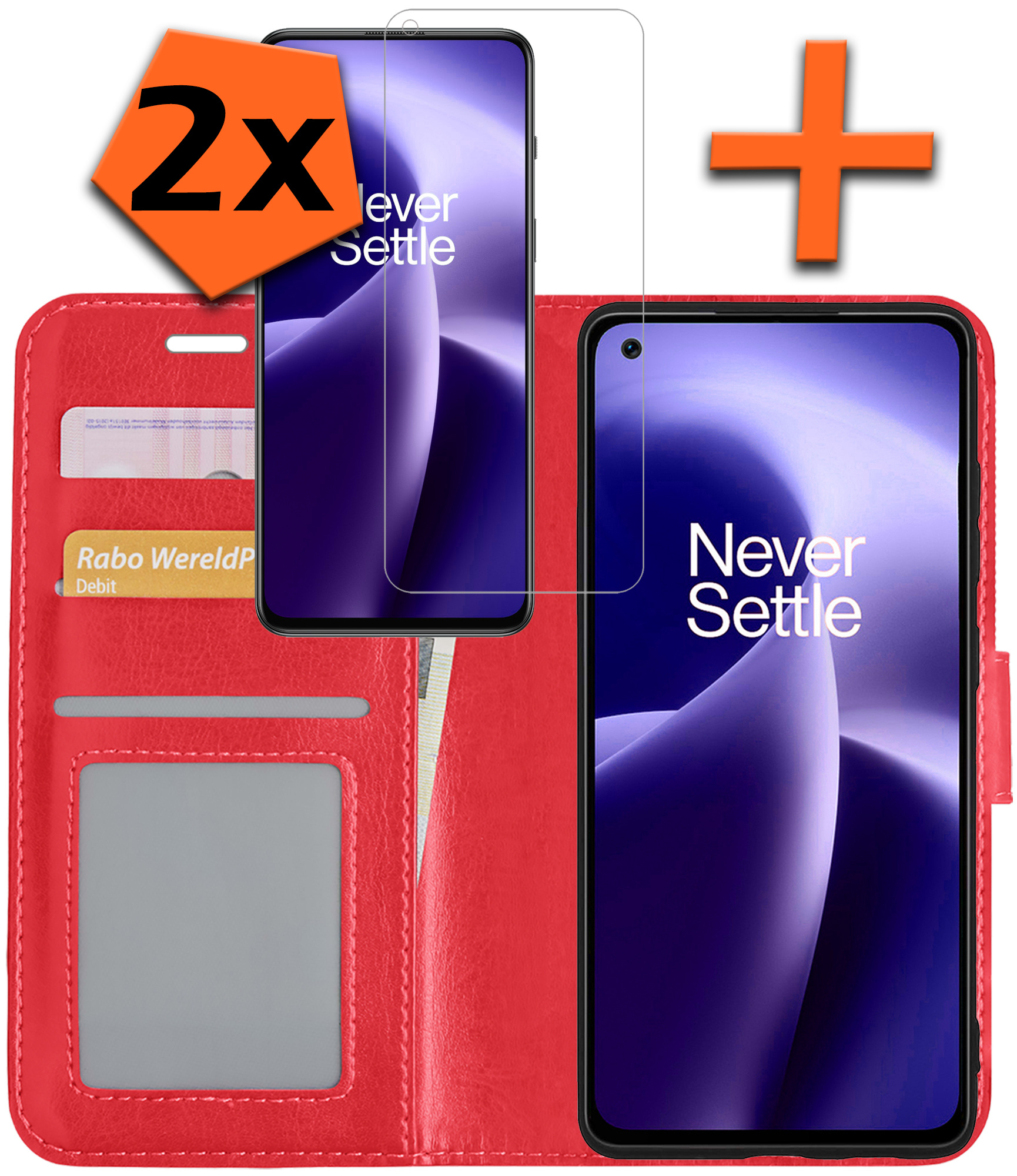 Nomfy Hoesje Geschikt voor OnePlus Nord 2T Hoes Bookcase Flipcase Book Cover Met 2x Screenprotector - Hoes Geschikt voor OnePlus Nord 2T Hoesje Book Case - Rood