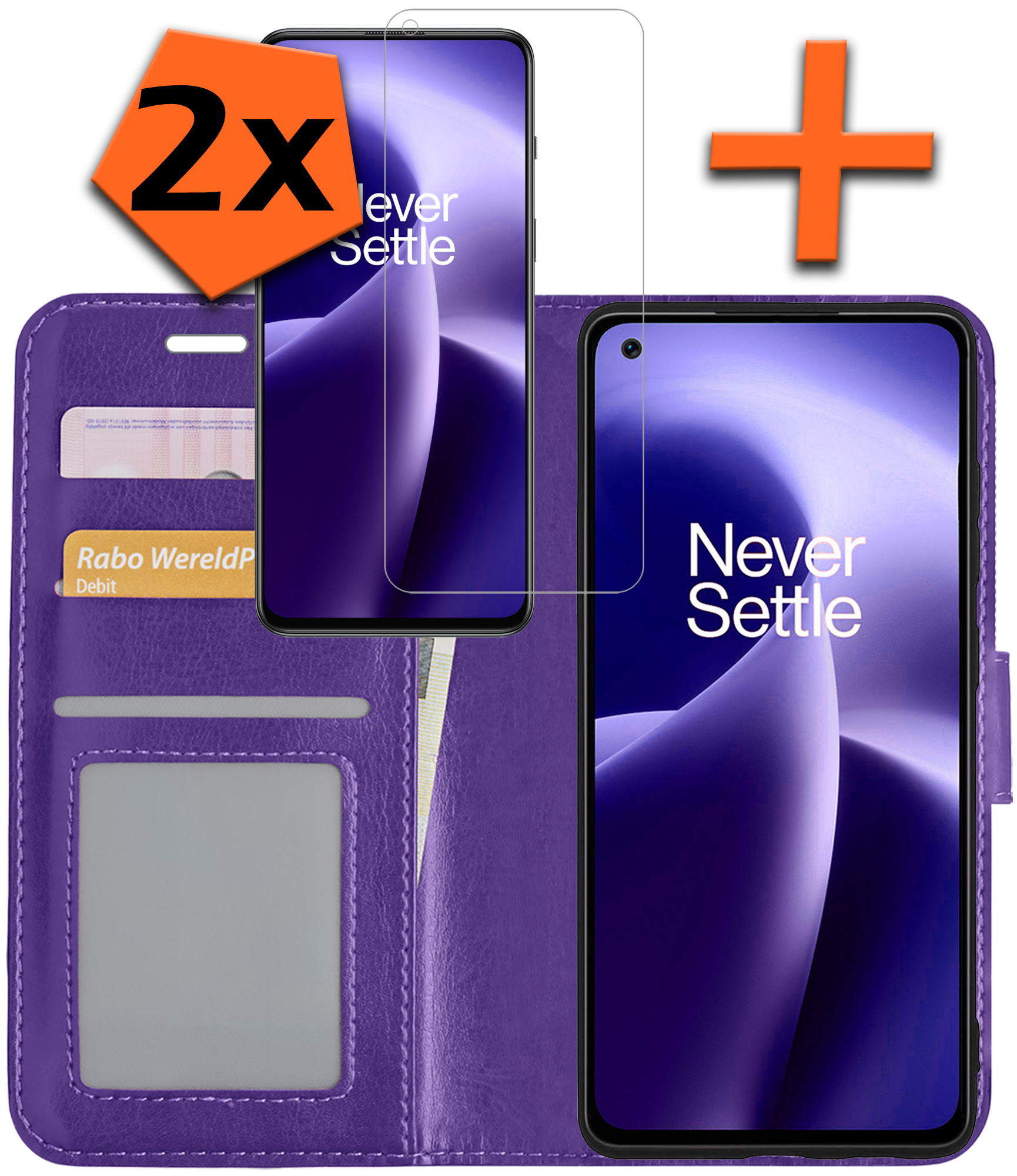 Nomfy Hoesje Geschikt voor OnePlus Nord 2T Hoes Bookcase Flipcase Book Cover Met 2x Screenprotector - Hoes Geschikt voor OnePlus Nord 2T Hoesje Book Case - Paars