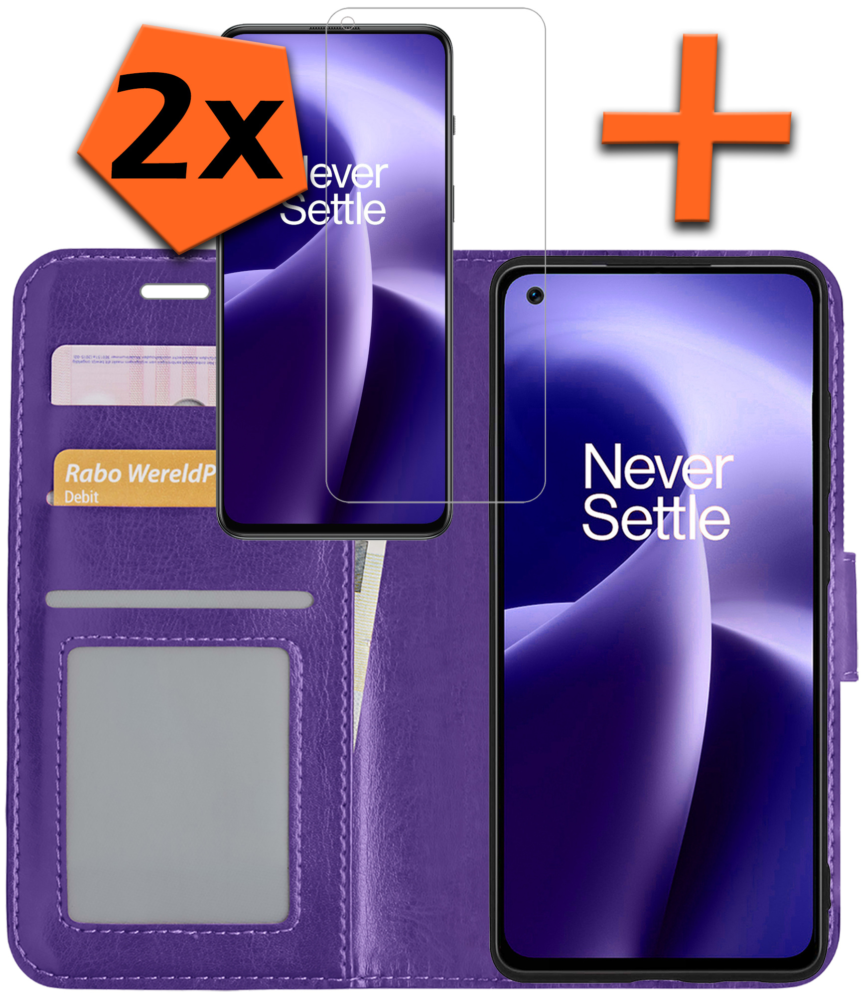 OnePlus Nord 2T Hoes Bookcase Flipcase Book Cover Met 2x Screenprotector - OnePlus Nord 2T Hoesje Book Case - Paars