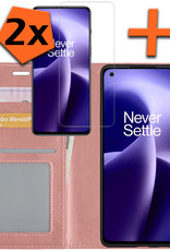 Nomfy Hoesje Geschikt voor OnePlus Nord 2T Hoes Bookcase Flipcase Book Cover Met 2x Screenprotector - Hoes Geschikt voor OnePlus Nord 2T Hoesje Book Case - Lichtroze