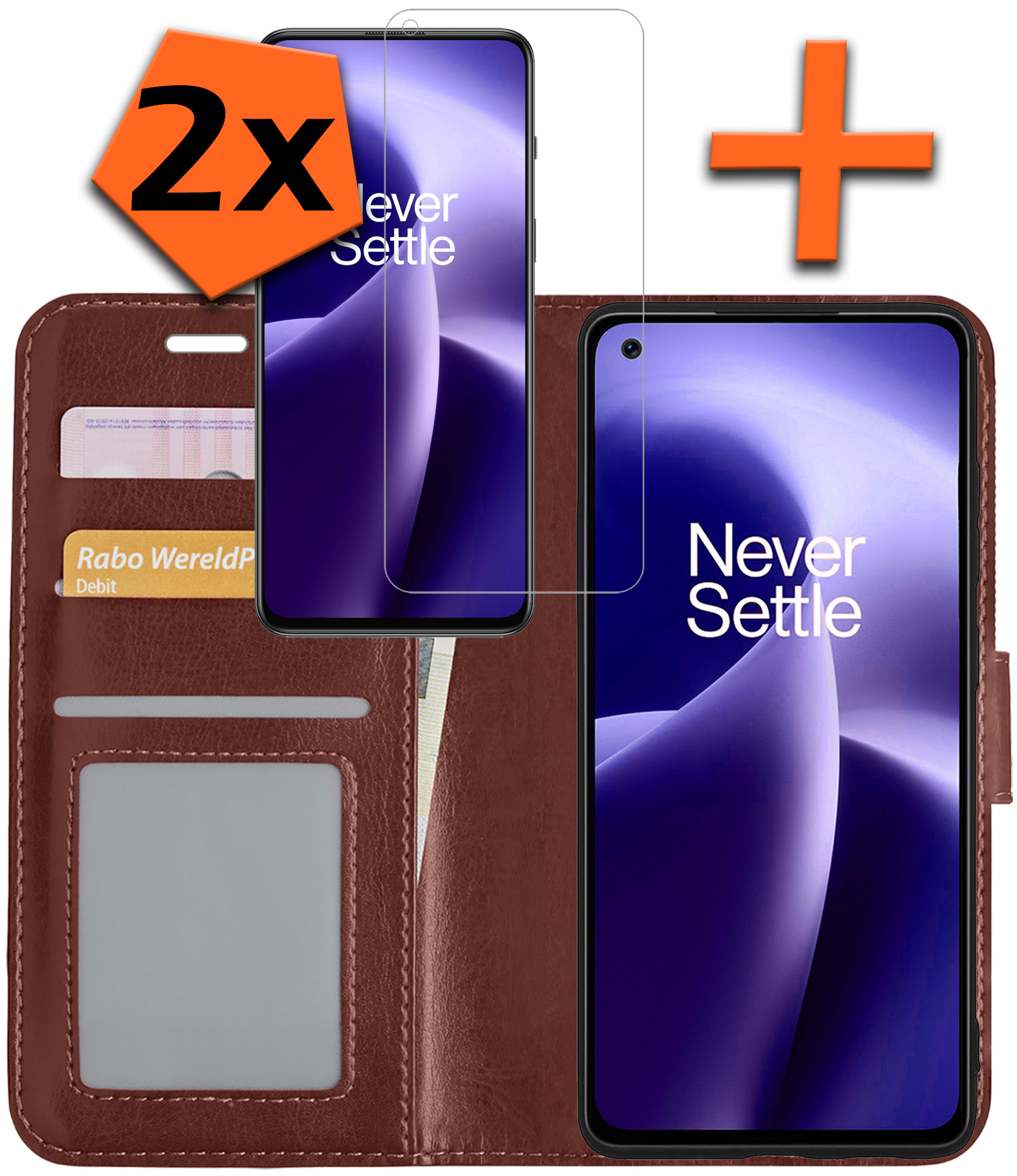 Nomfy Hoesje Geschikt voor OnePlus Nord 2T Hoes Bookcase Flipcase Book Cover Met 2x Screenprotector - Hoes Geschikt voor OnePlus Nord 2T Hoesje Book Case - Bruin