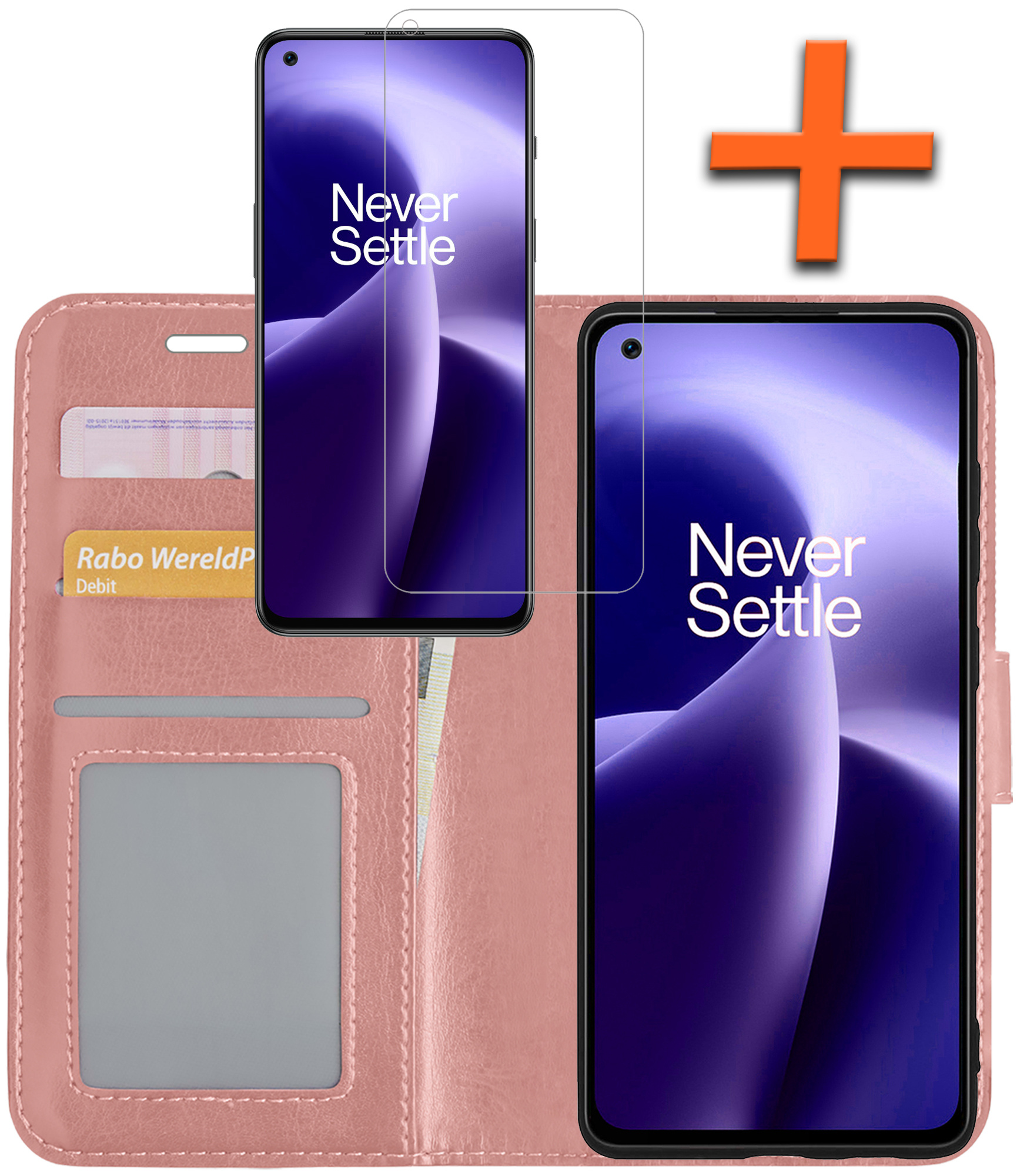 Nomfy Hoesje Geschikt voor OnePlus Nord 2T Hoes Bookcase Flipcase Book Cover Met Screenprotector - Hoes Geschikt voor OnePlus Nord 2T Hoesje Book Case - Rosé goud