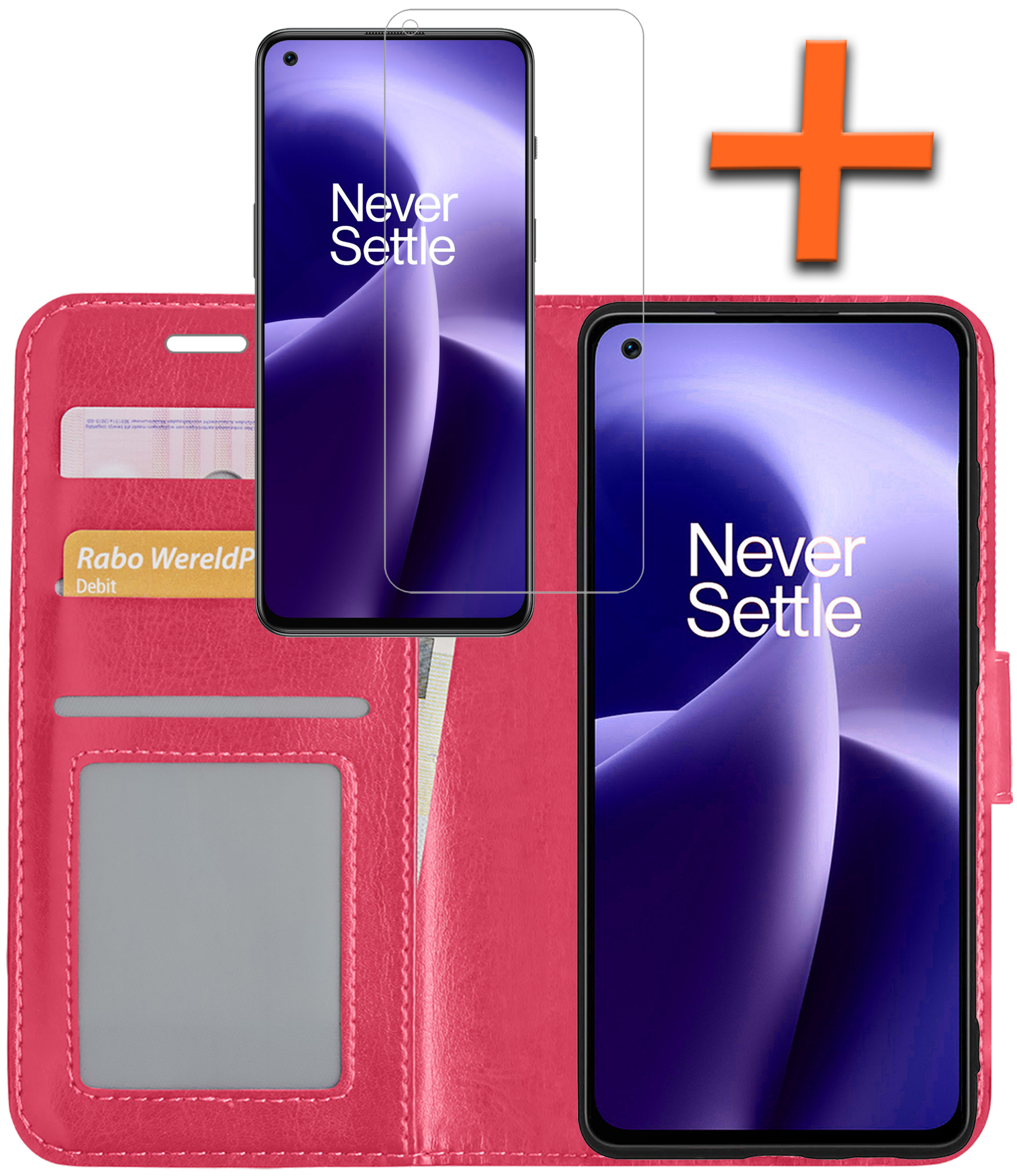 Nomfy Hoesje Geschikt voor OnePlus Nord 2T Hoes Bookcase Flipcase Book Cover Met Screenprotector - Hoes Geschikt voor OnePlus Nord 2T Hoesje Book Case - Donkerroze