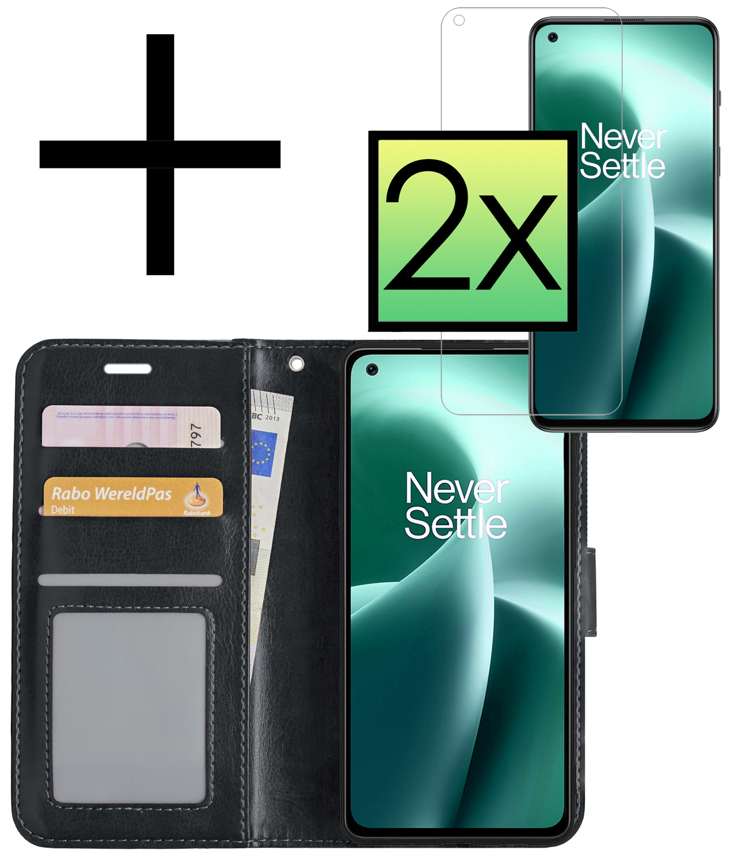 NoXx Hoes Geschikt voor OnePlus Nord 2T Hoesje Book Case Hoes Flip Cover Wallet Bookcase Met 2x Screenprotector - Zwart