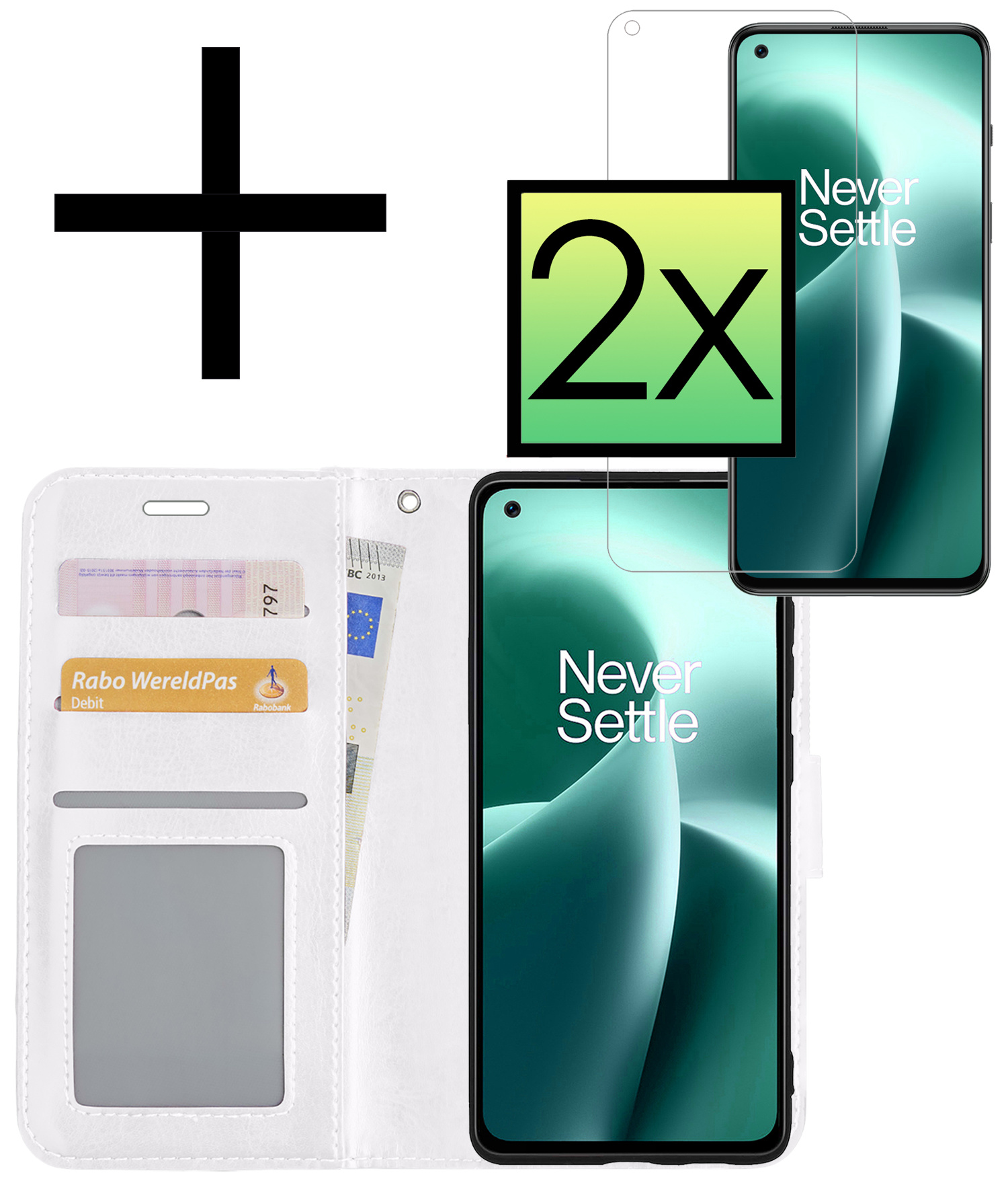 NoXx Hoes Geschikt voor OnePlus Nord 2T Hoesje Book Case Hoes Flip Cover Wallet Bookcase Met 2x Screenprotector - Wit