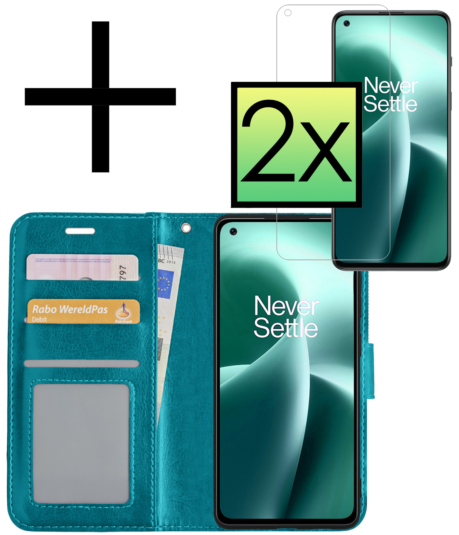 NoXx Hoes Geschikt voor OnePlus Nord 2T Hoesje Book Case Hoes Flip Cover Wallet Bookcase Met 2x Screenprotector - Turquoise
