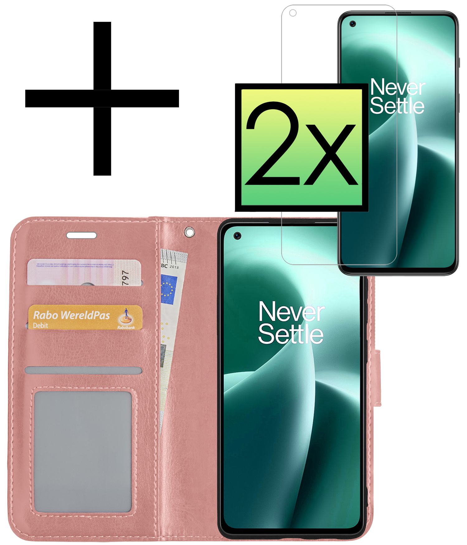 NoXx Hoes Geschikt voor OnePlus Nord 2T Hoesje Book Case Hoes Flip Cover Wallet Bookcase Met 2x Screenprotector - Rosé goud