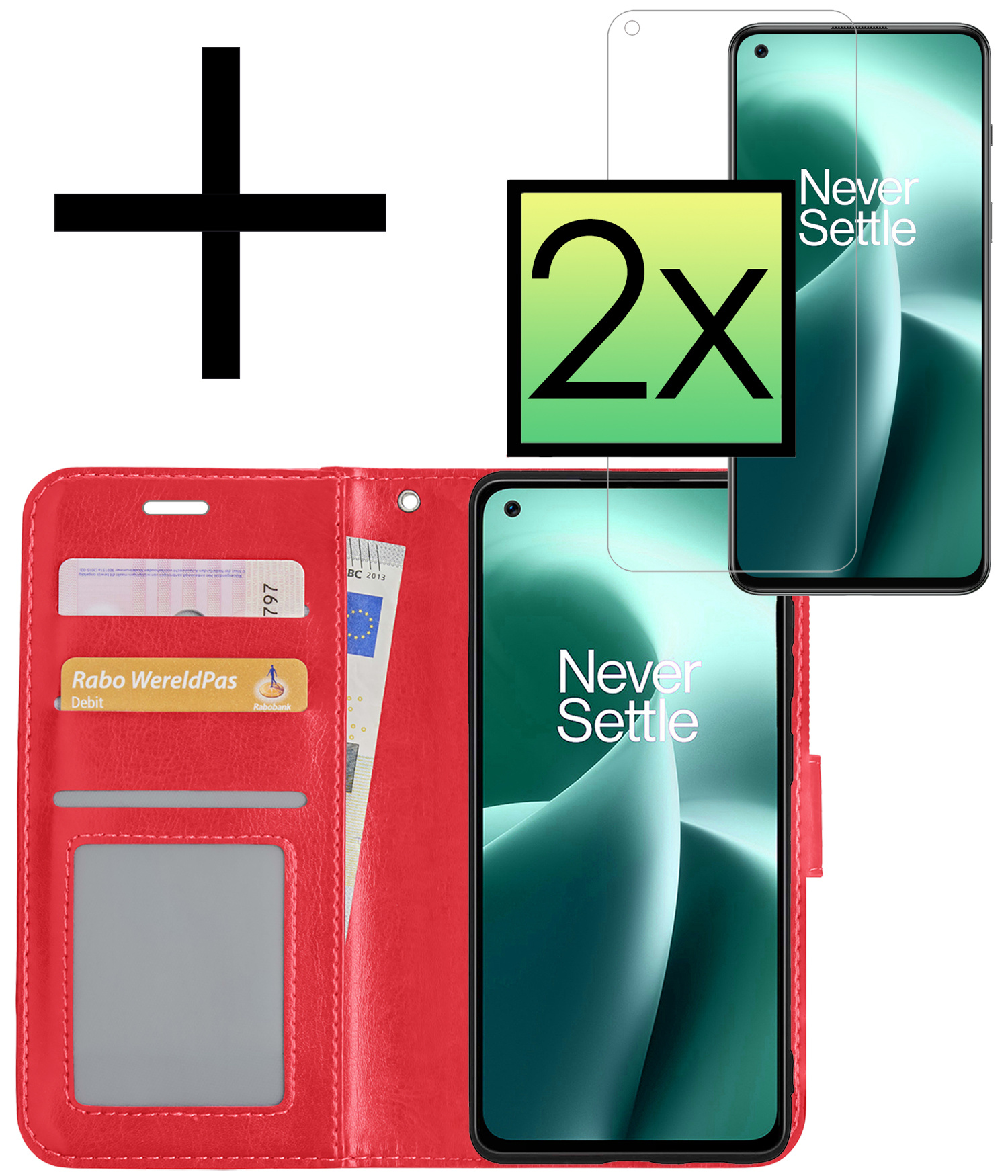 NoXx Hoes Geschikt voor OnePlus Nord 2T Hoesje Book Case Hoes Flip Cover Wallet Bookcase Met 2x Screenprotector - Rood