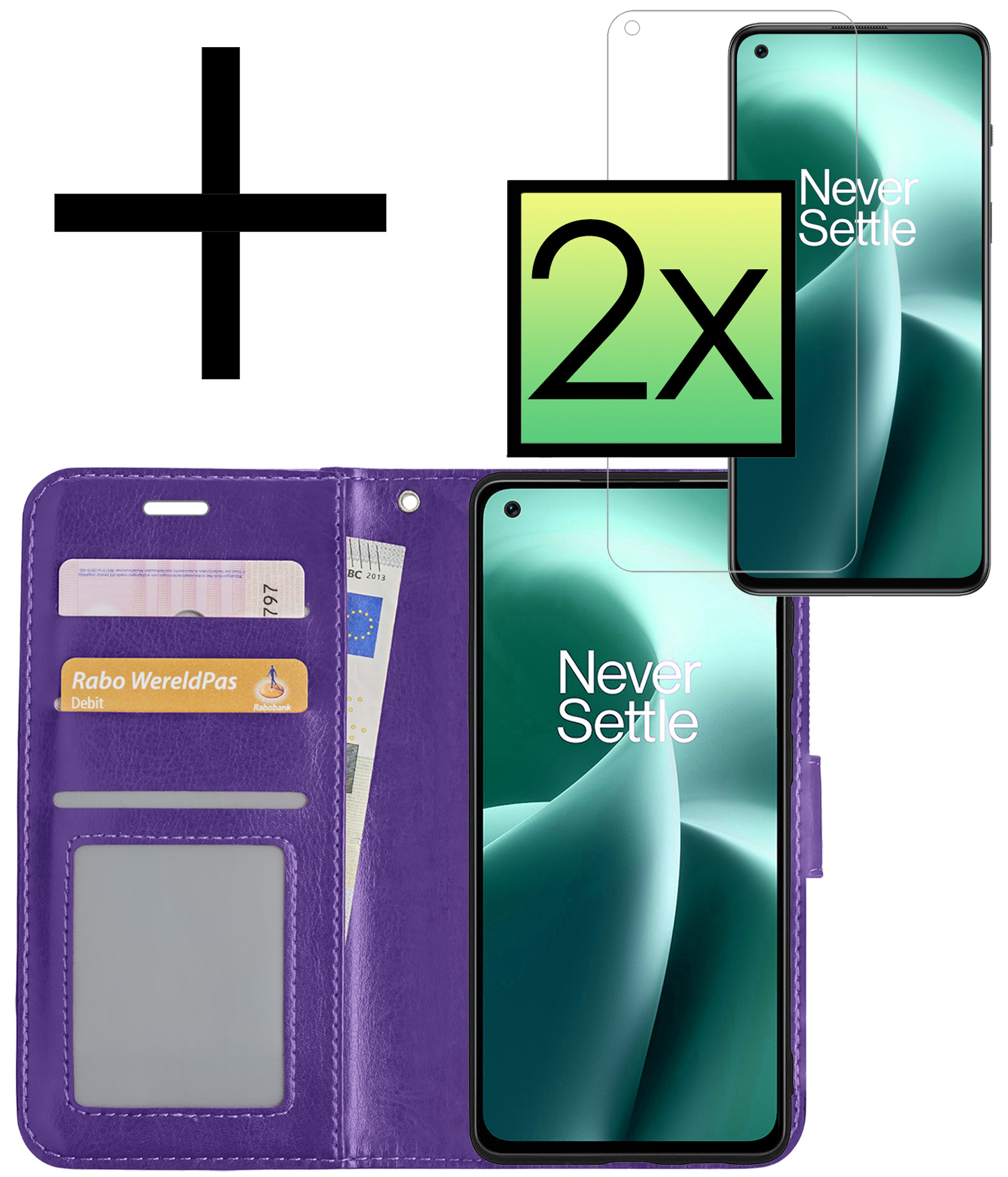 NoXx Hoes Geschikt voor OnePlus Nord 2T Hoesje Book Case Hoes Flip Cover Wallet Bookcase Met 2x Screenprotector - Paars