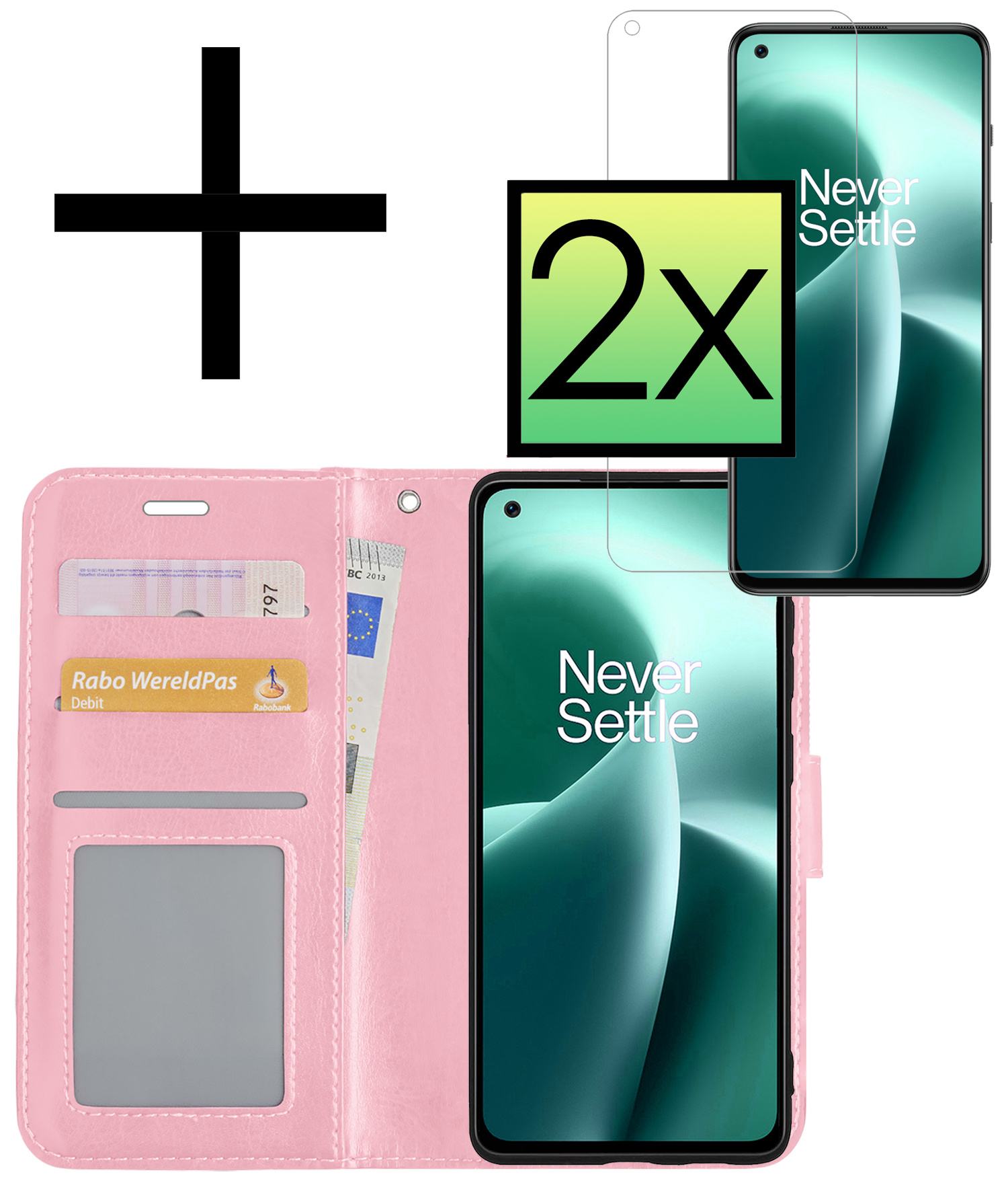 NoXx Hoes Geschikt voor OnePlus Nord 2T Hoesje Book Case Hoes Flip Cover Wallet Bookcase Met 2x Screenprotector - Lichtroze