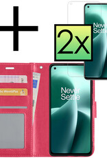 NoXx Hoes Geschikt voor OnePlus Nord 2T Hoesje Book Case Hoes Flip Cover Wallet Bookcase Met 2x Screenprotector - Donkerroze