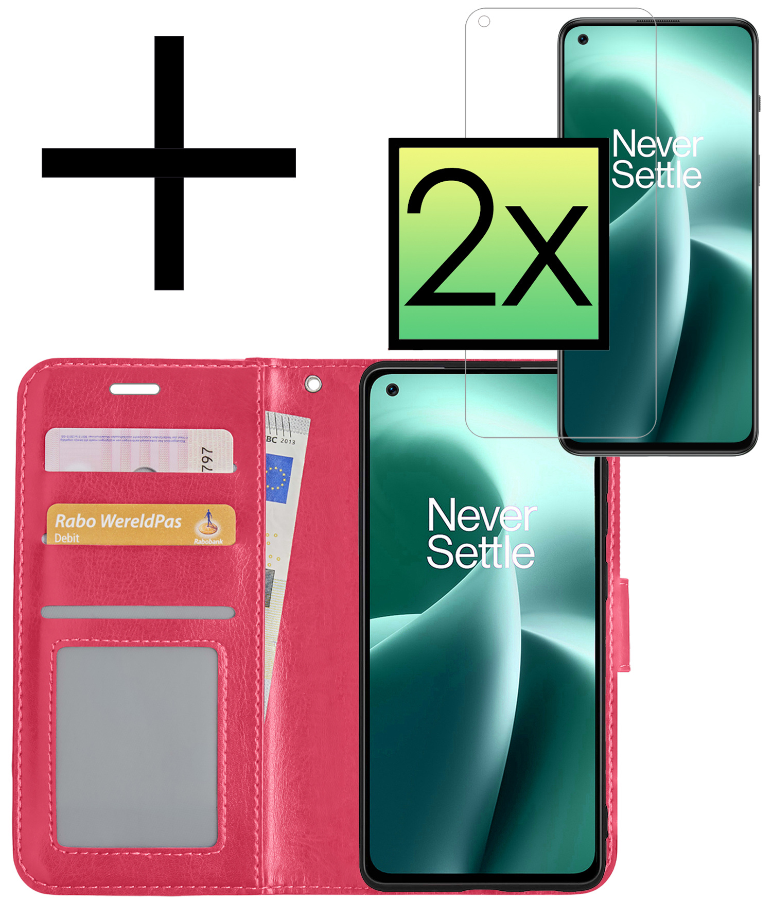 NoXx Hoes Geschikt voor OnePlus Nord 2T Hoesje Book Case Hoes Flip Cover Wallet Bookcase Met 2x Screenprotector - Donkerroze