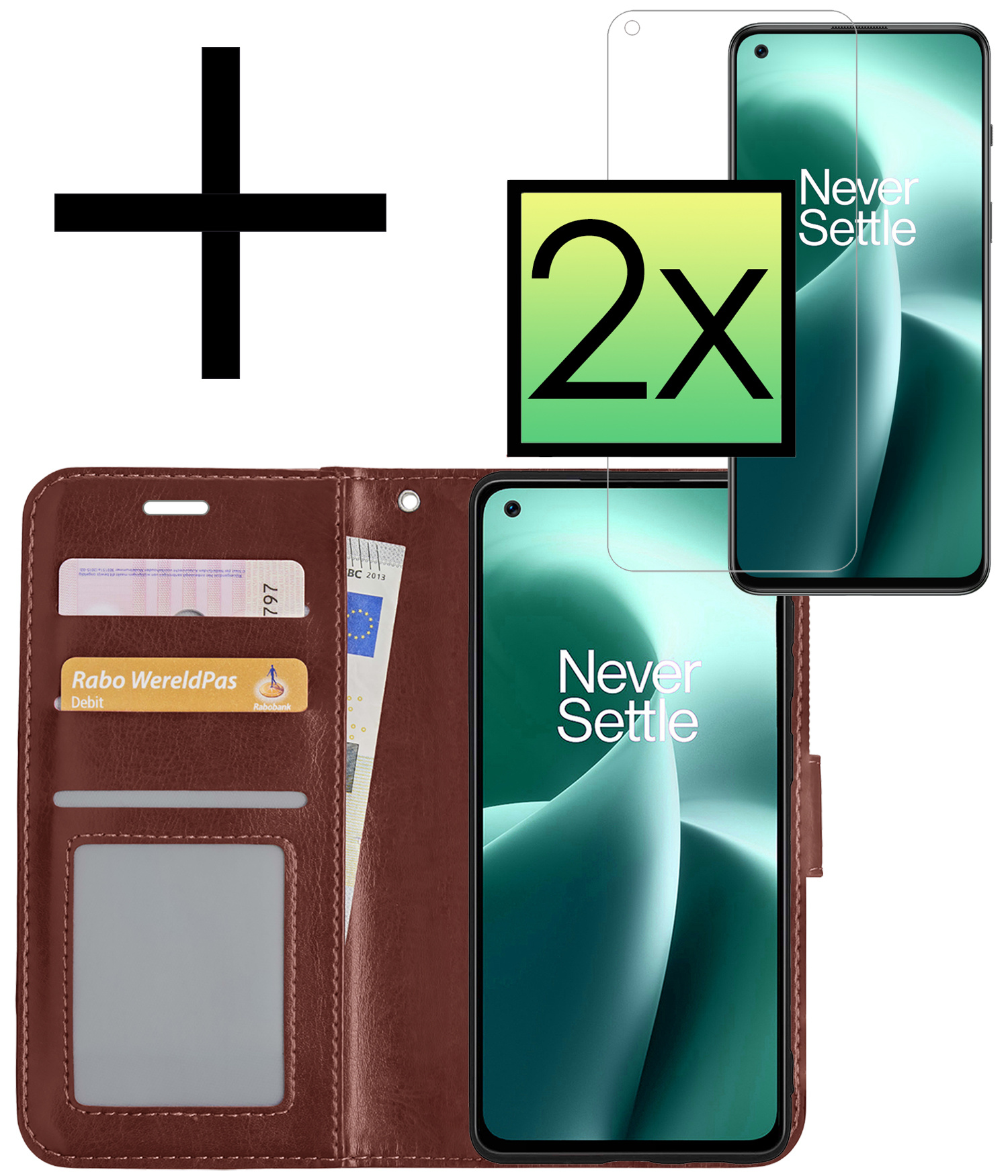 NoXx Hoes Geschikt voor OnePlus Nord 2T Hoesje Book Case Hoes Flip Cover Wallet Bookcase Met 2x Screenprotector - Bruin