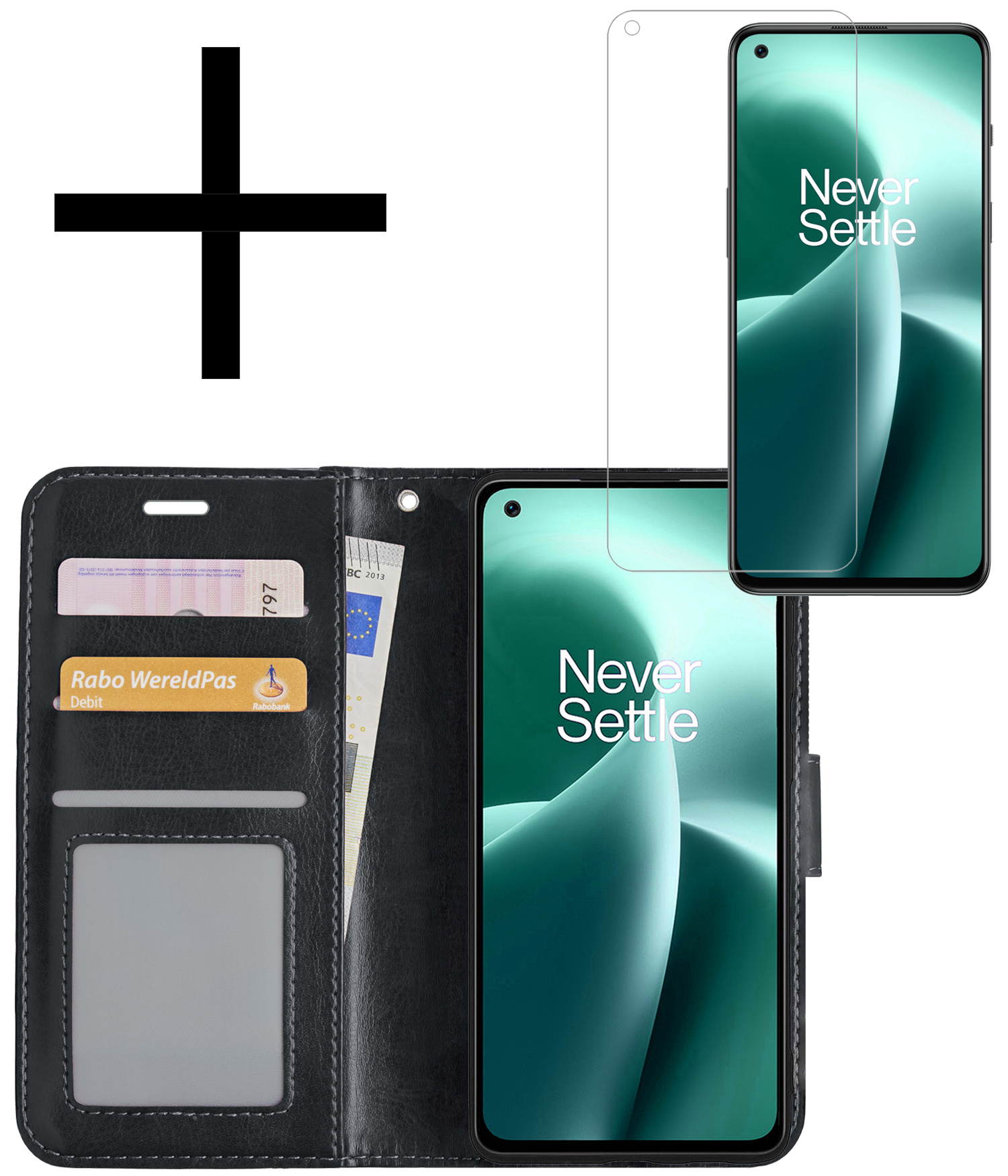 NoXx Hoes Geschikt voor OnePlus Nord 2T Hoesje Book Case Hoes Flip Cover Wallet Bookcase Met Screenprotector - Zwart