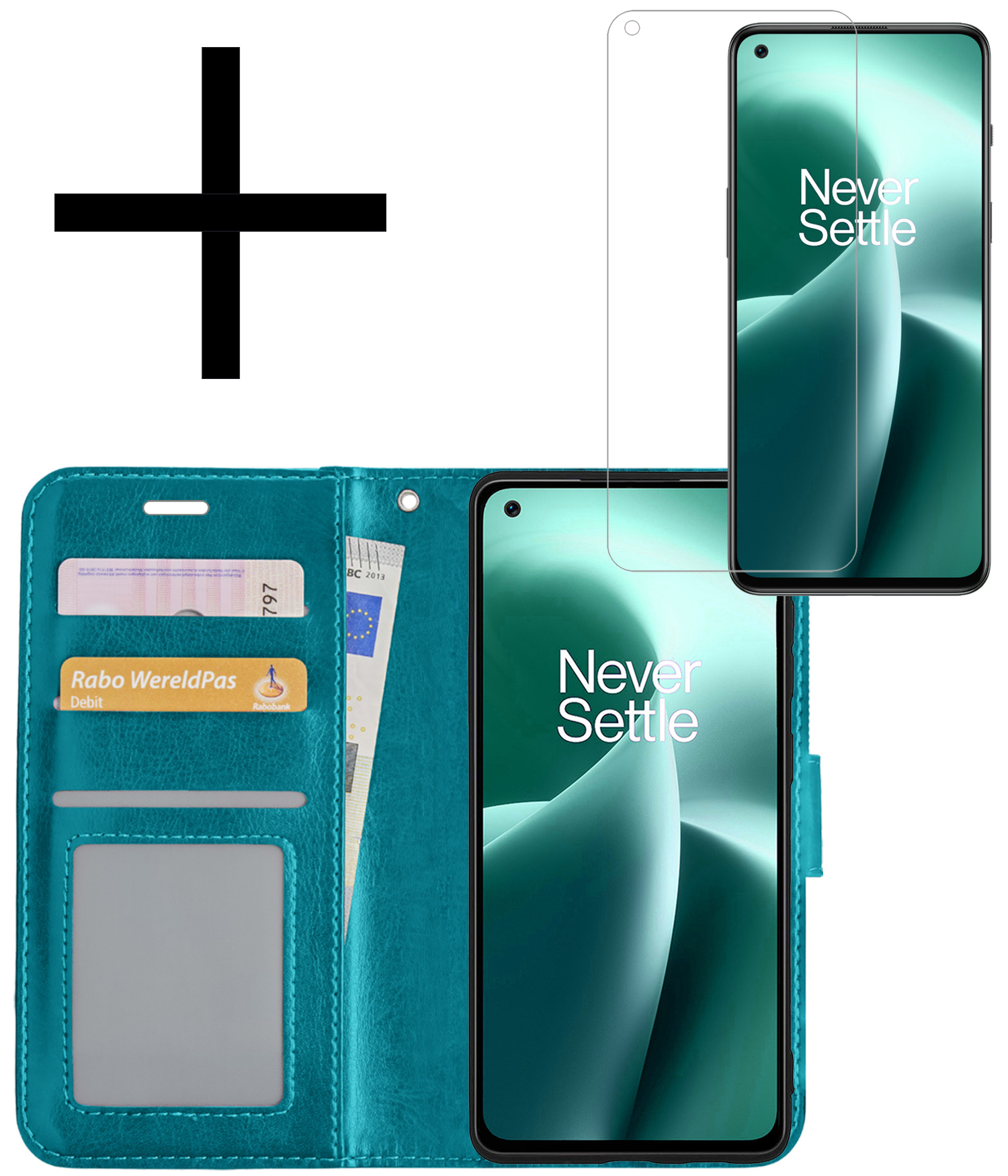 NoXx Hoes Geschikt voor OnePlus Nord 2T Hoesje Book Case Hoes Flip Cover Wallet Bookcase Met Screenprotector - Turquoise
