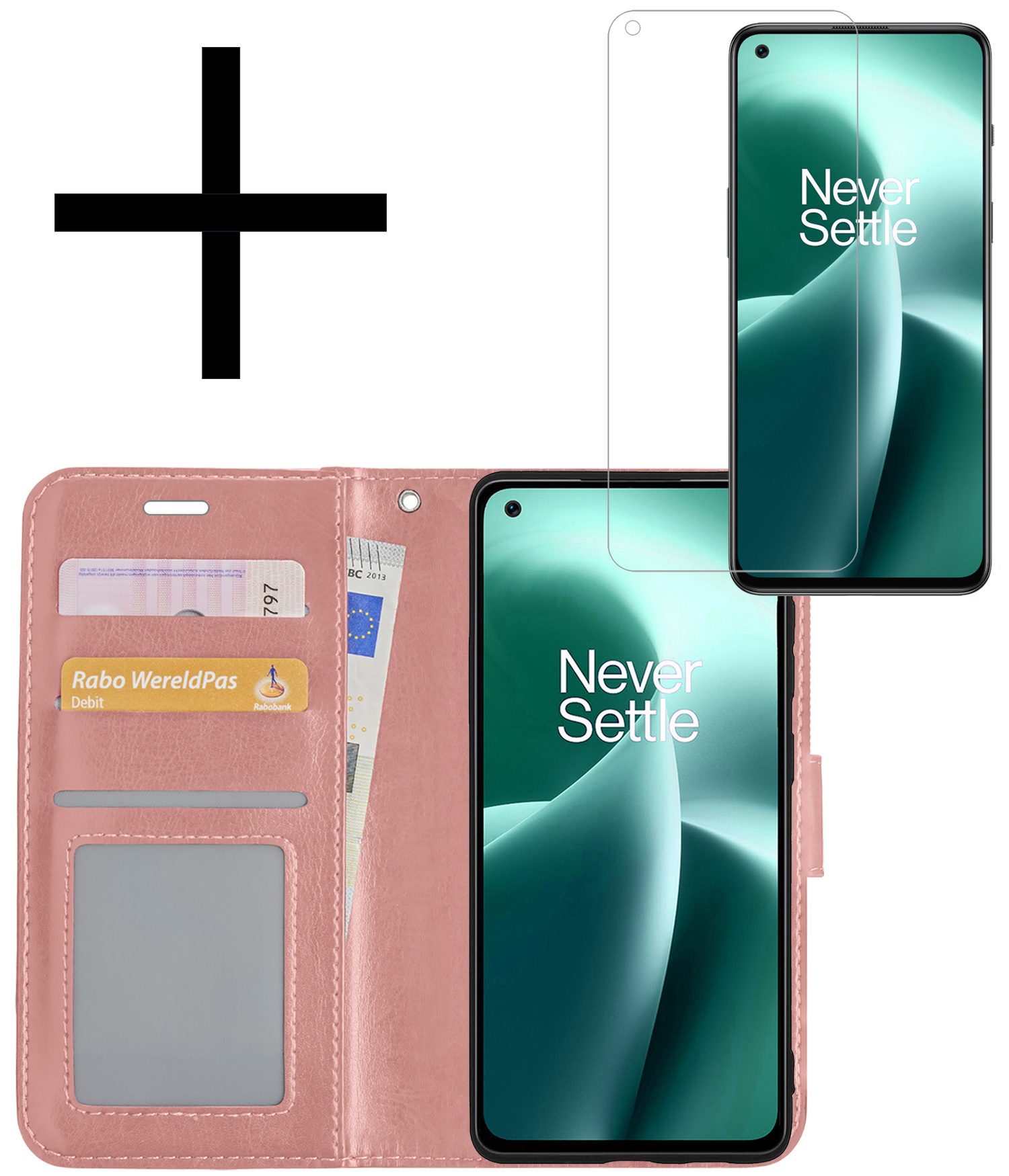 NoXx Hoes Geschikt voor OnePlus Nord 2T Hoesje Book Case Hoes Flip Cover Wallet Bookcase Met Screenprotector - Rosé goud