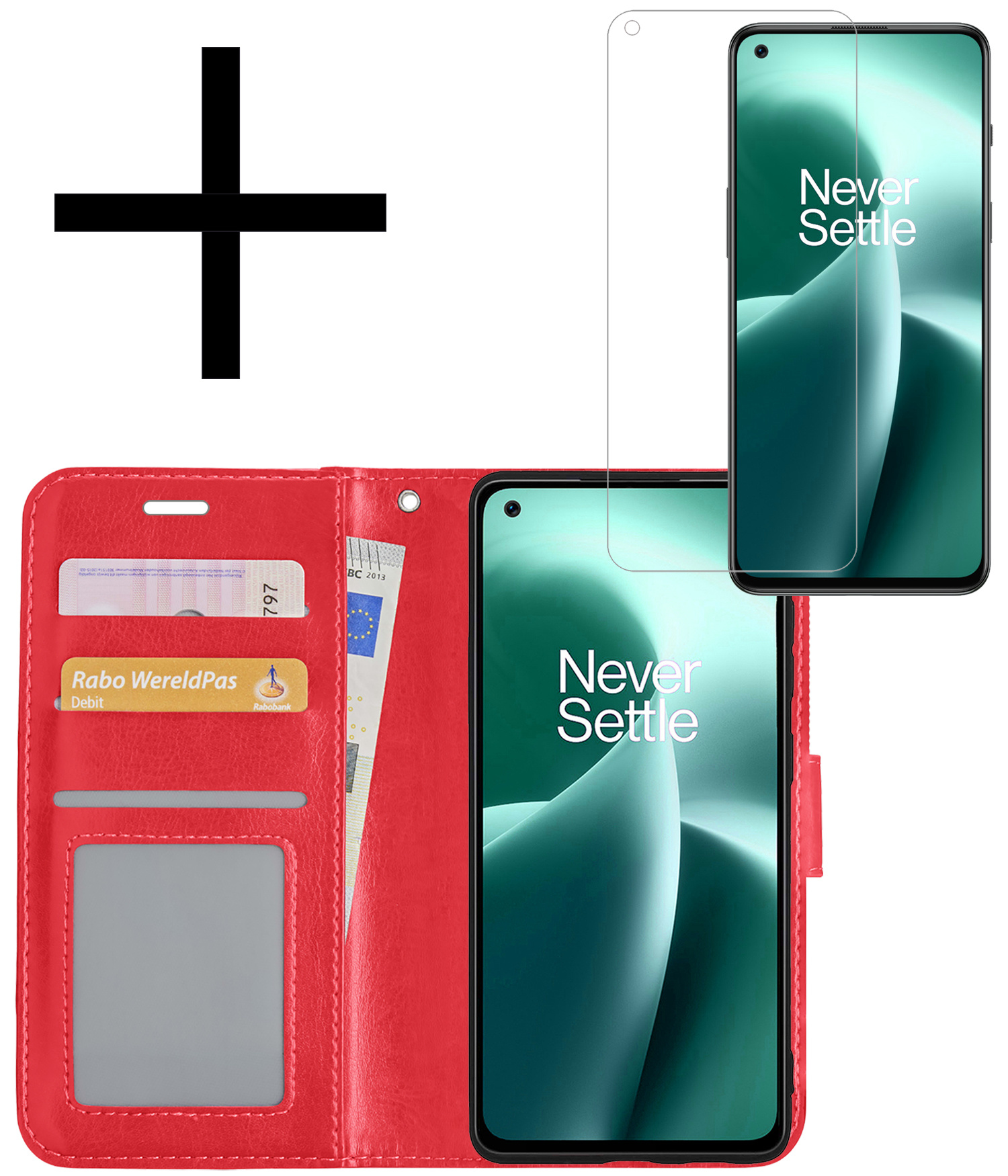OnePlus Nord 2T Hoesje Book Case Hoes Flip Cover Bookcase Met Screenprotector - Rood