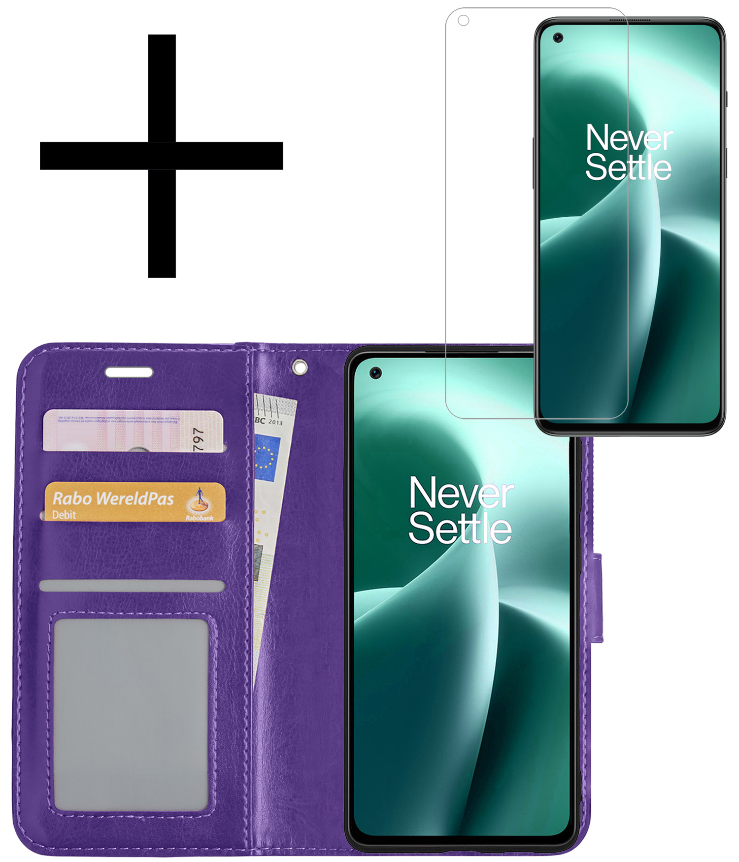 NoXx Hoes Geschikt voor OnePlus Nord 2T Hoesje Book Case Hoes Flip Cover Wallet Bookcase Met Screenprotector - Paars
