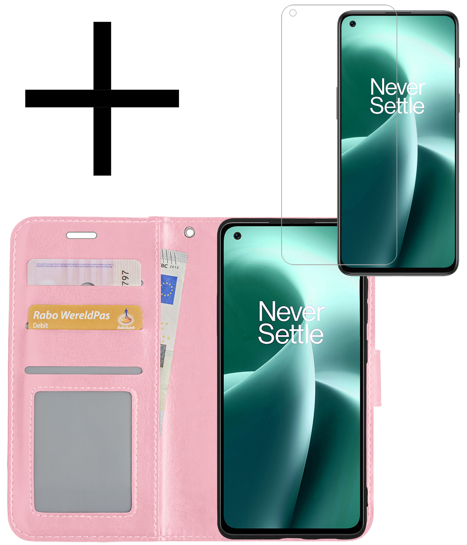 NoXx Hoes Geschikt voor OnePlus Nord 2T Hoesje Book Case Hoes Flip Cover Wallet Bookcase Met Screenprotector - Lichtroze