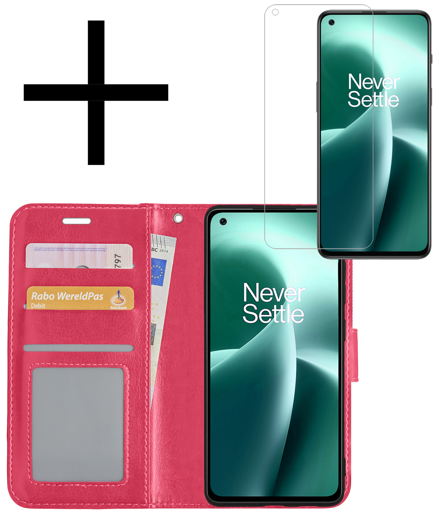 NoXx Hoes Geschikt voor OnePlus Nord 2T Hoesje Book Case Hoes Flip Cover Wallet Bookcase Met Screenprotector - Donkerroze
