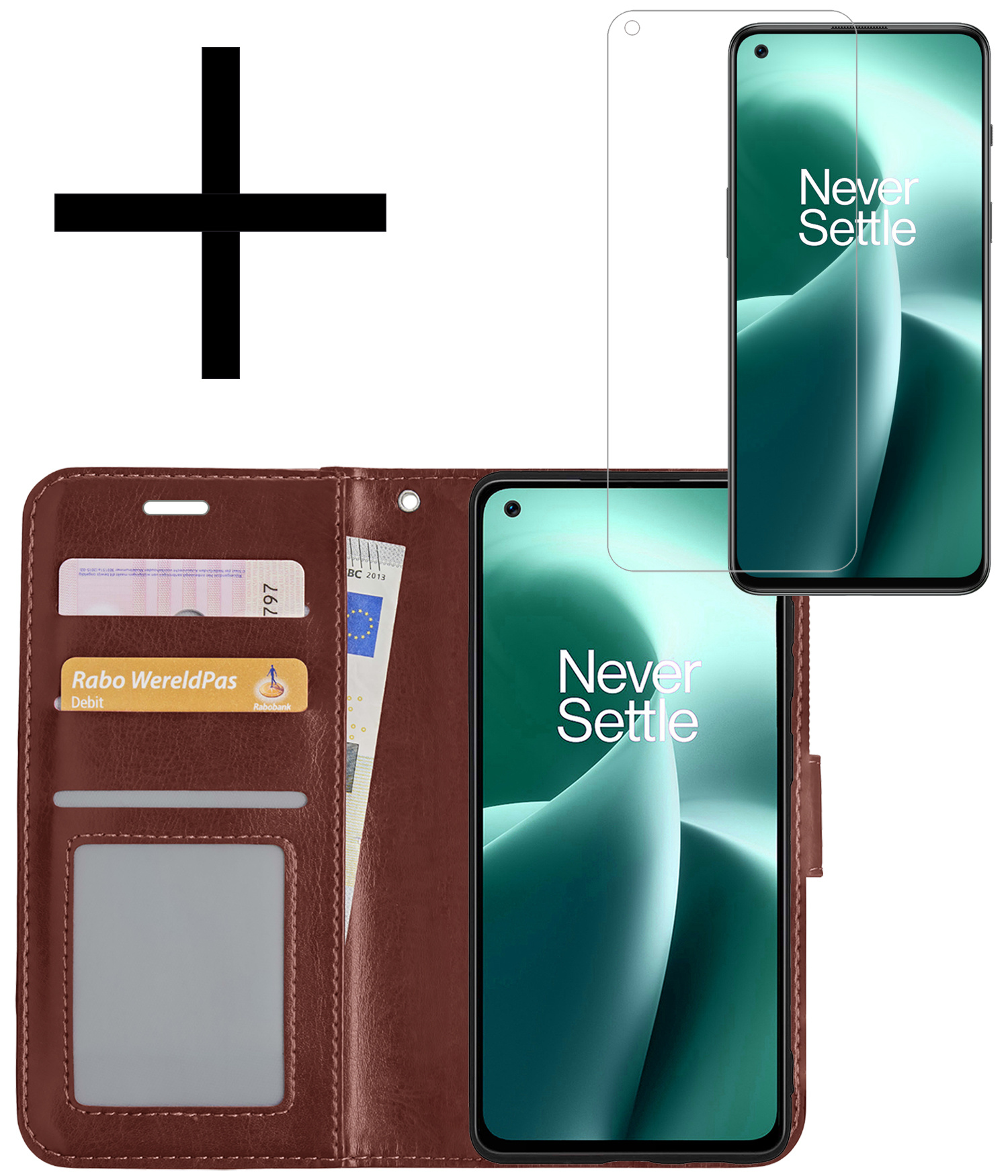 NoXx Hoes Geschikt voor OnePlus Nord 2T Hoesje Book Case Hoes Flip Cover Wallet Bookcase Met Screenprotector - Bruin