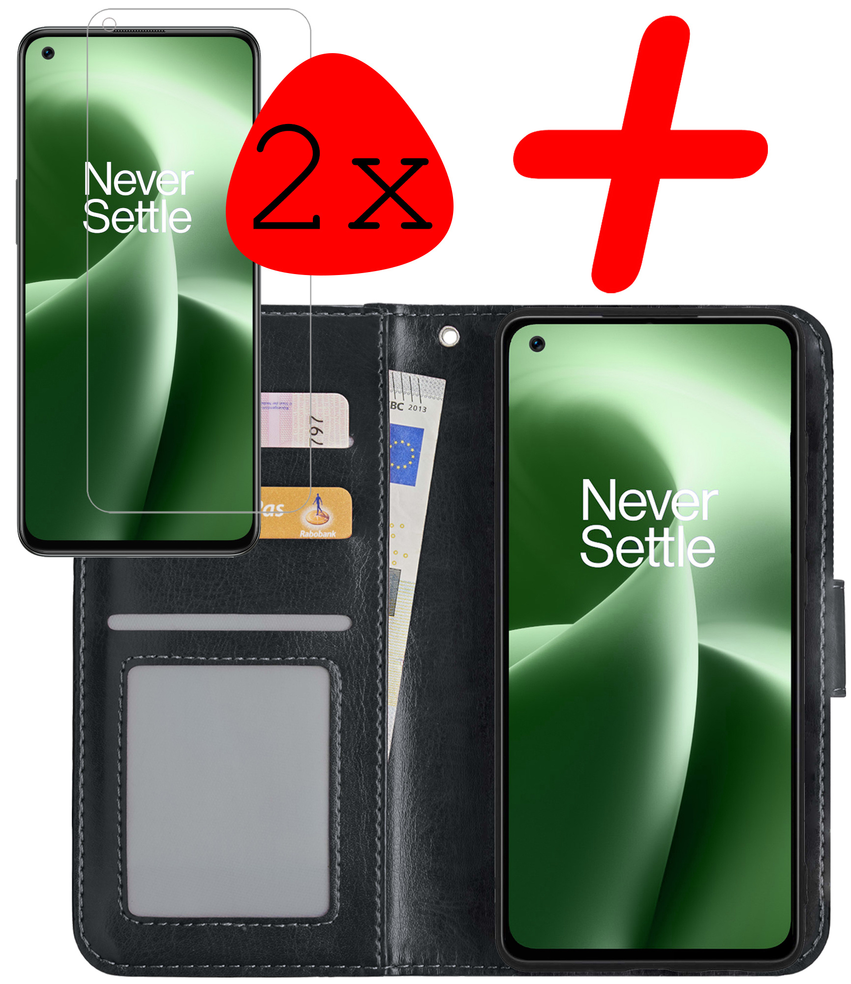 BASEY. Hoes Geschikt voor OnePlus Nord 2T Hoesje Bookcase Hoes Flip Case Book Cover Met 2x Screenprotector - Hoesje Geschikt voor OnePlus Nord 2T Hoes Book Case Hoesje - Zwart