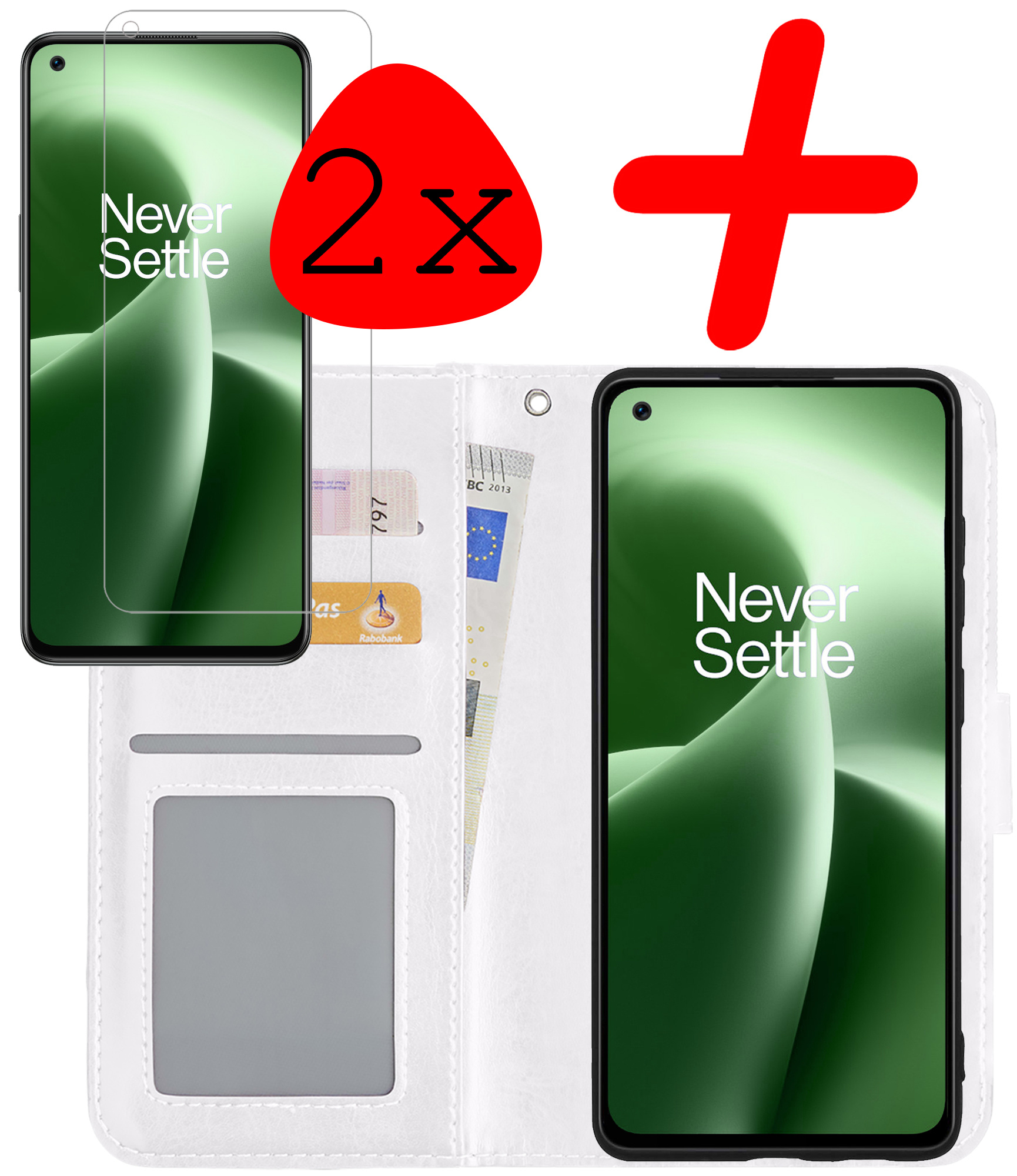 BASEY. Hoes Geschikt voor OnePlus Nord 2T Hoesje Bookcase Hoes Flip Case Book Cover Met 2x Screenprotector - Hoesje Geschikt voor OnePlus Nord 2T Hoes Book Case Hoesje - Wit