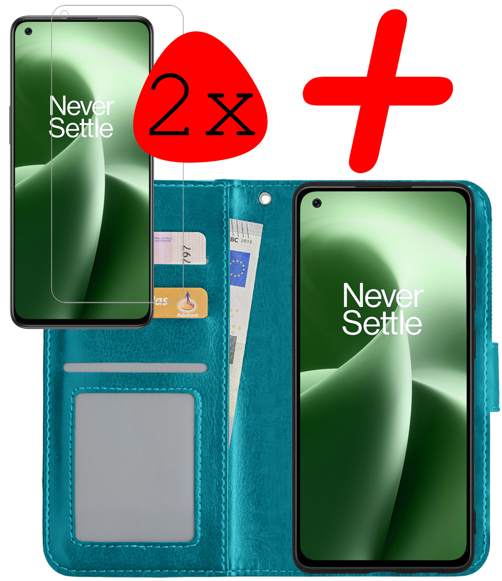 BASEY. Hoes Geschikt voor OnePlus Nord 2T Hoesje Bookcase Hoes Flip Case Book Cover Met 2x Screenprotector - Hoesje Geschikt voor OnePlus Nord 2T Hoes Book Case Hoesje - Turquoise