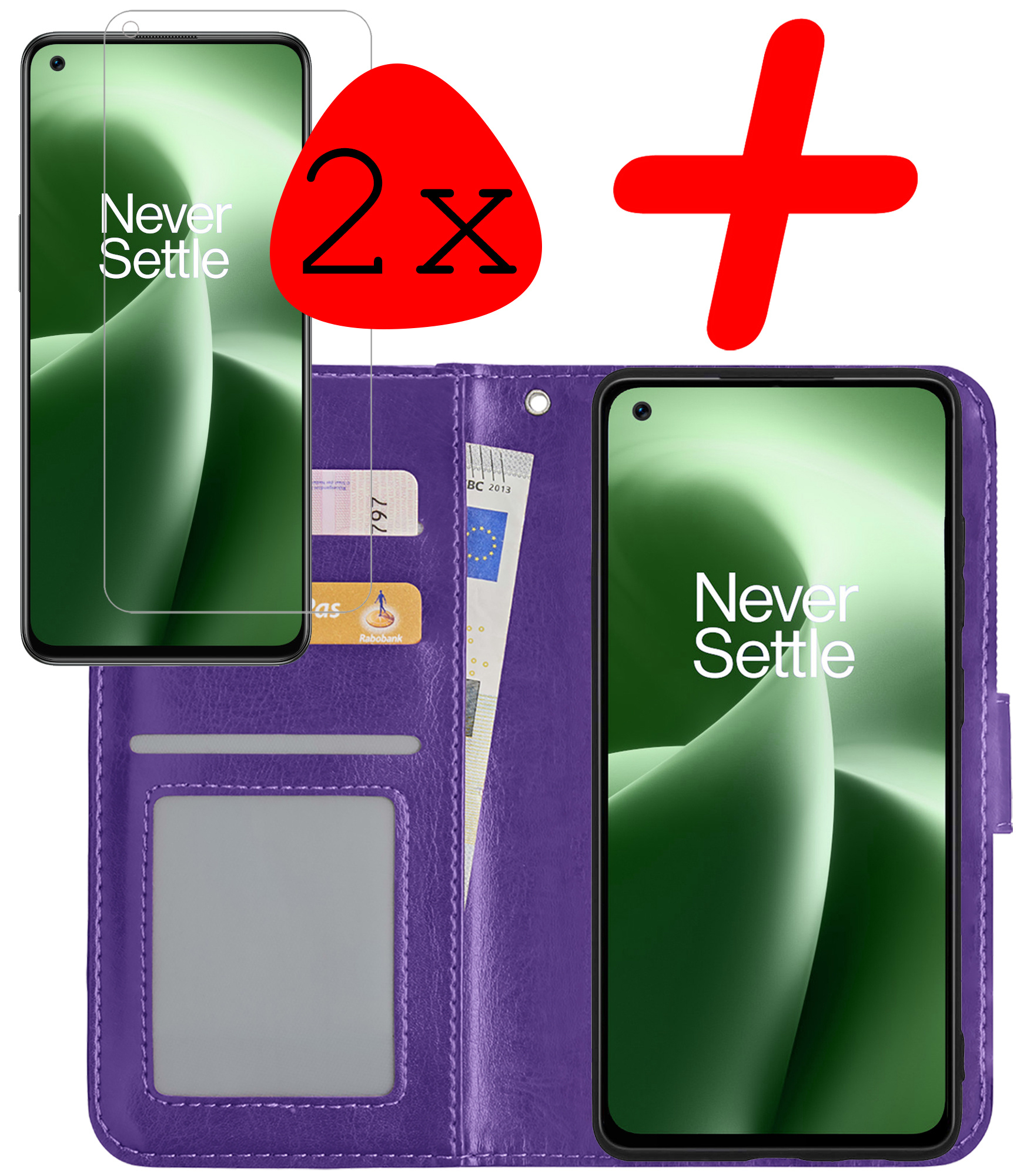 BASEY. Hoes Geschikt voor OnePlus Nord 2T Hoesje Bookcase Hoes Flip Case Book Cover Met 2x Screenprotector - Hoesje Geschikt voor OnePlus Nord 2T Hoes Book Case Hoesje - Paars