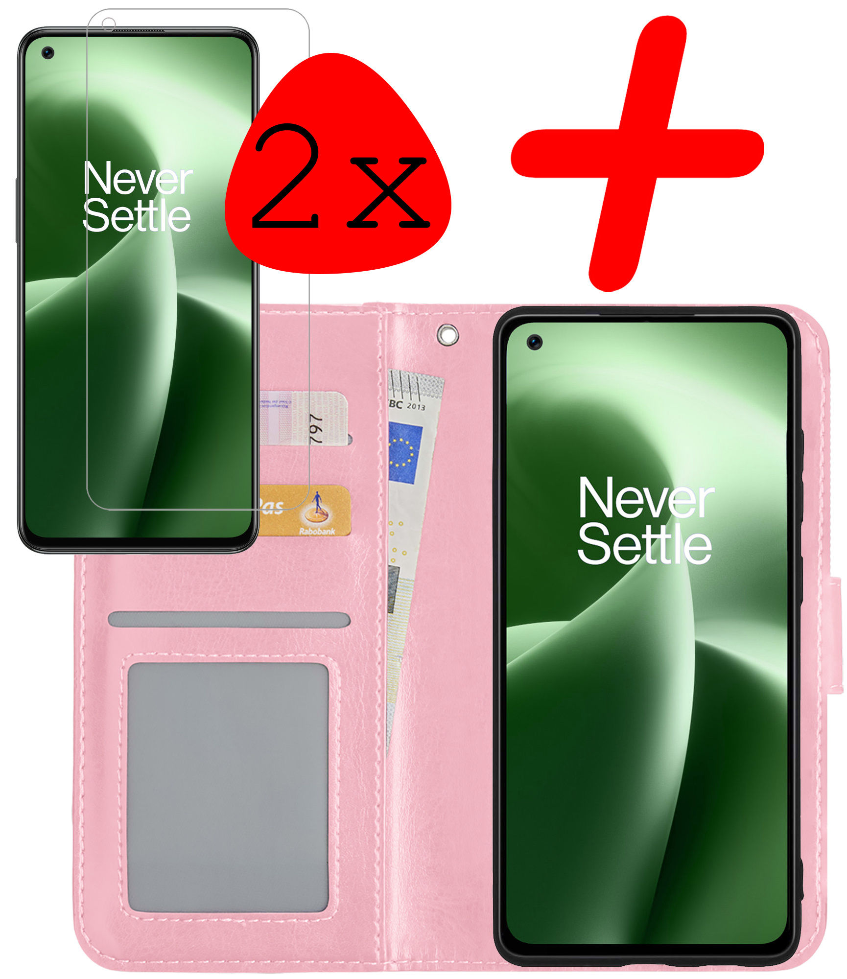 BASEY. Hoes Geschikt voor OnePlus Nord 2T Hoesje Bookcase Hoes Flip Case Book Cover Met 2x Screenprotector - Hoesje Geschikt voor OnePlus Nord 2T Hoes Book Case Hoesje - Lichtroze