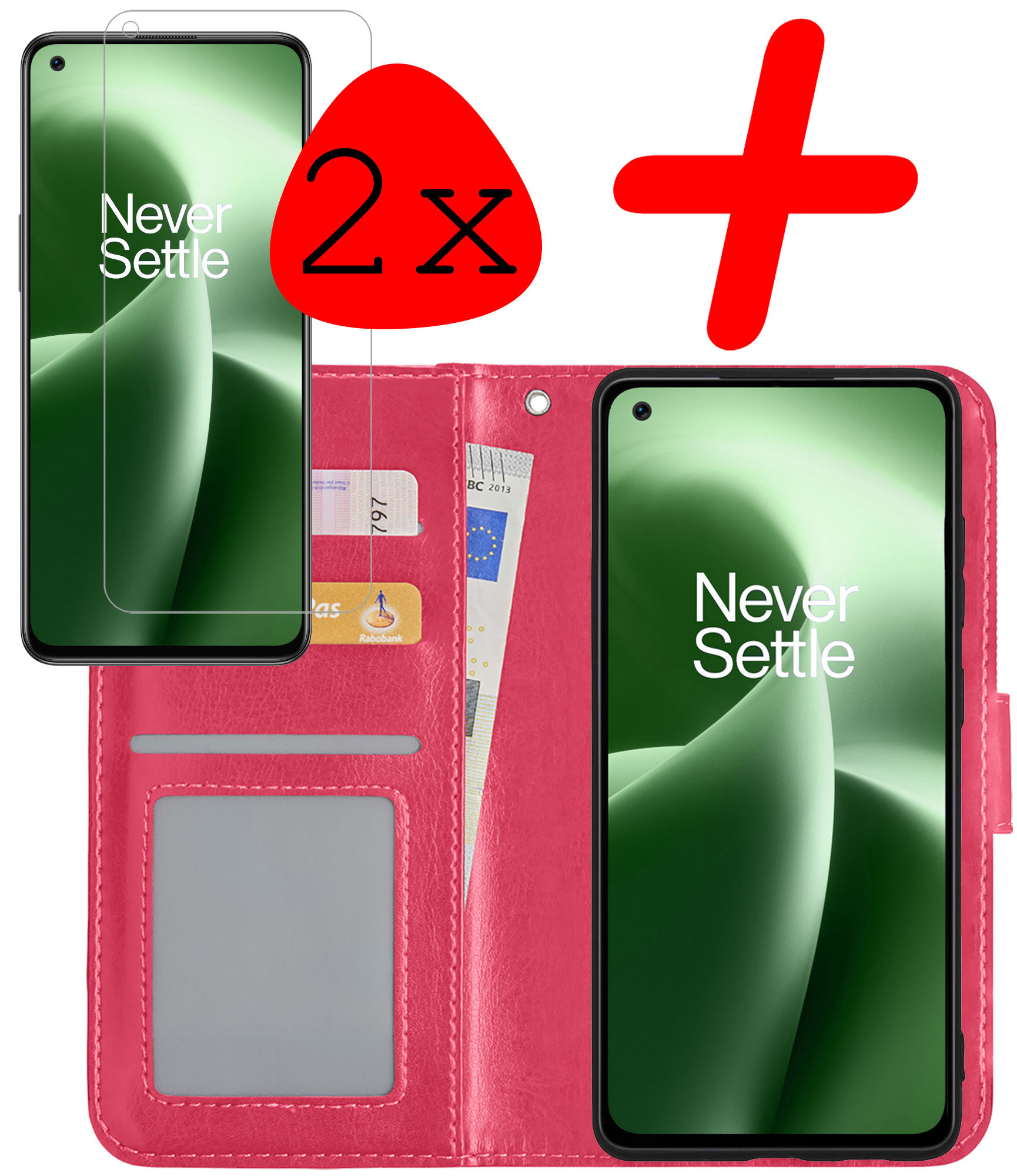 BASEY. Hoes Geschikt voor OnePlus Nord 2T Hoesje Bookcase Hoes Flip Case Book Cover Met 2x Screenprotector - Hoesje Geschikt voor OnePlus Nord 2T Hoes Book Case Hoesje - Donkerroze