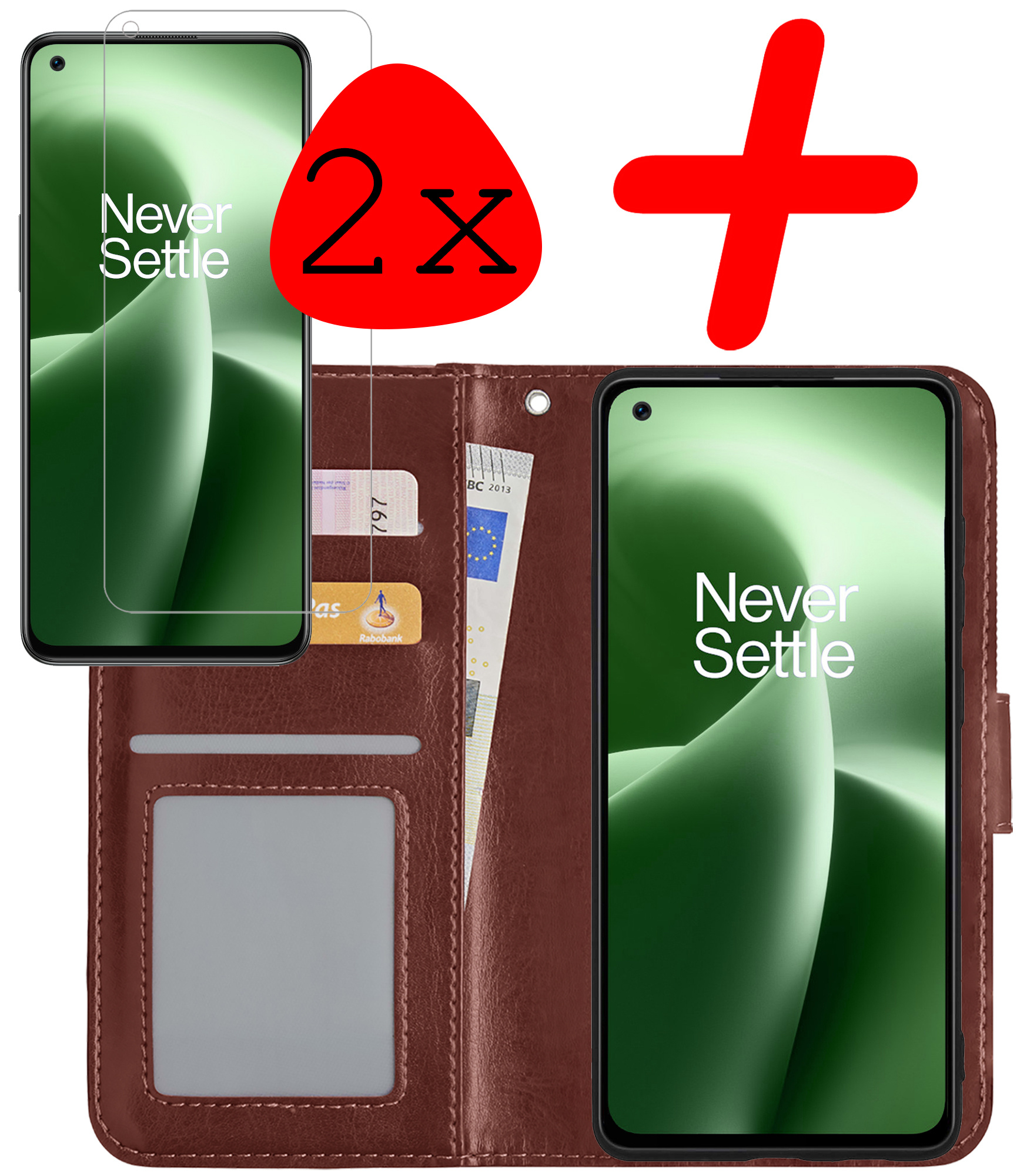 BASEY. Hoes Geschikt voor OnePlus Nord 2T Hoesje Bookcase Hoes Flip Case Book Cover Met 2x Screenprotector - Hoesje Geschikt voor OnePlus Nord 2T Hoes Book Case Hoesje - Bruin