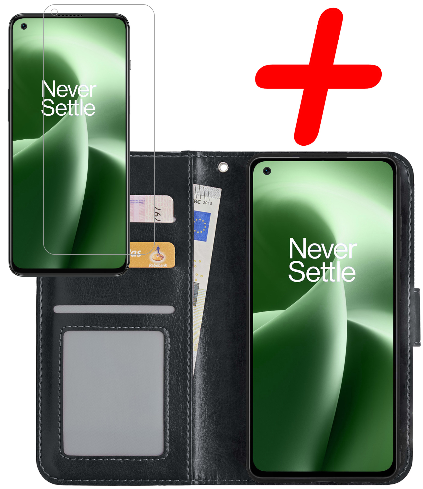 BASEY. Hoes Geschikt voor OnePlus Nord 2T Hoesje Bookcase Hoes Flip Case Book Cover Met Screenprotector - Hoesje Geschikt voor OnePlus Nord 2T Hoes Book Case Hoesje - Zwart