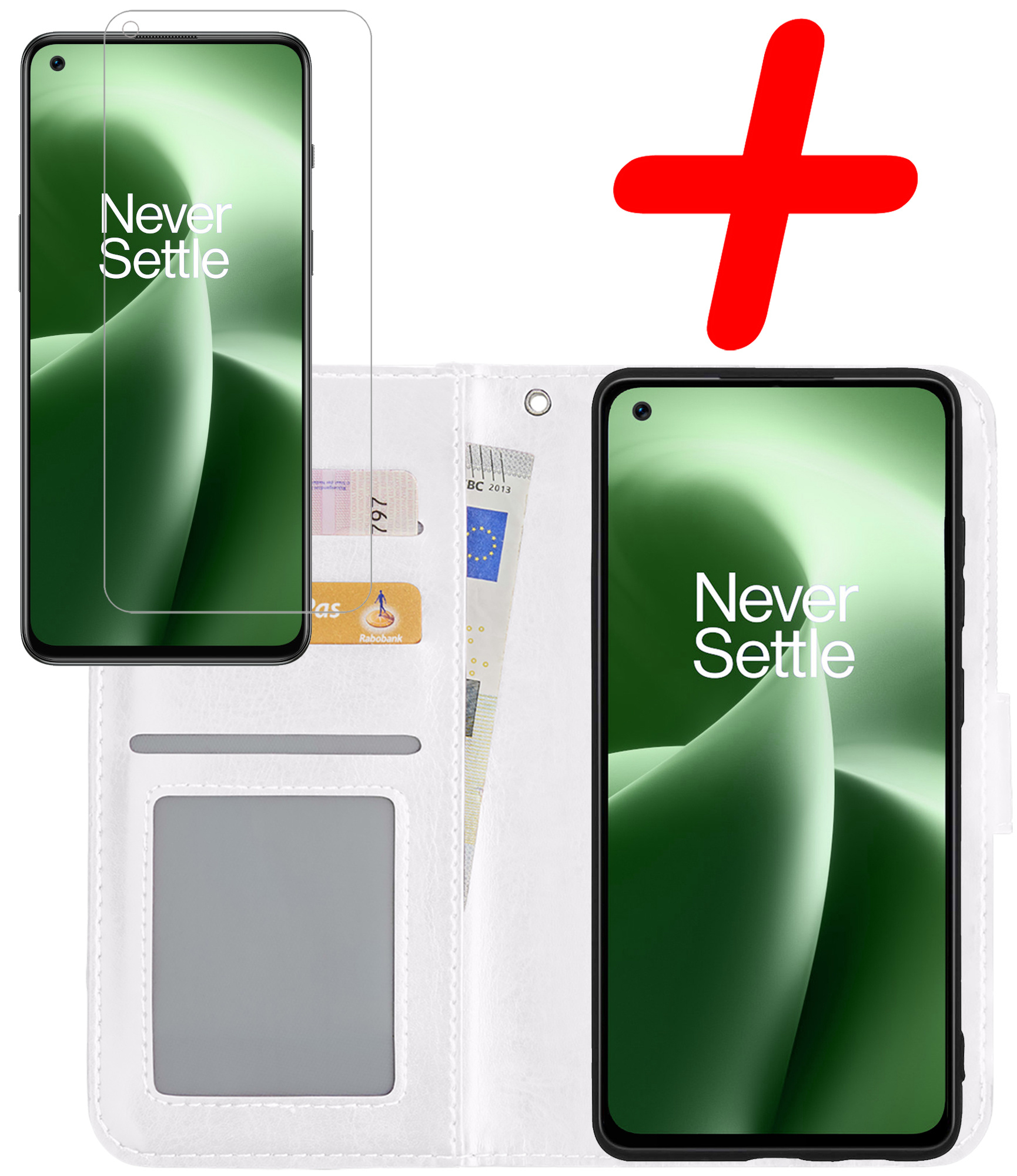 BASEY. Hoes Geschikt voor OnePlus Nord 2T Hoesje Bookcase Hoes Flip Case Book Cover Met Screenprotector - Hoesje Geschikt voor OnePlus Nord 2T Hoes Book Case Hoesje - Wit